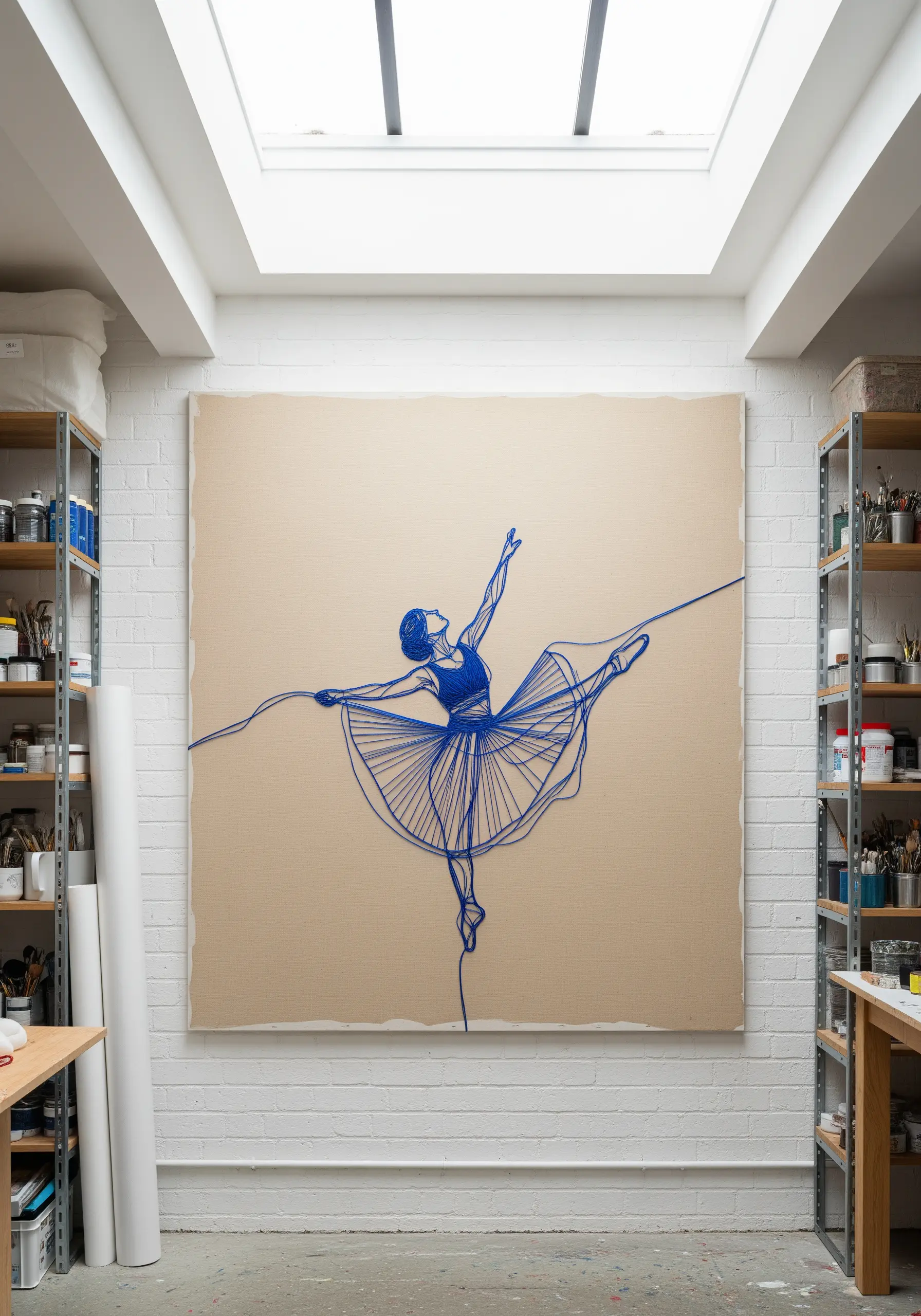 A large-scale single-line ballerina made with blue yarn on a massive canvas in a studio.