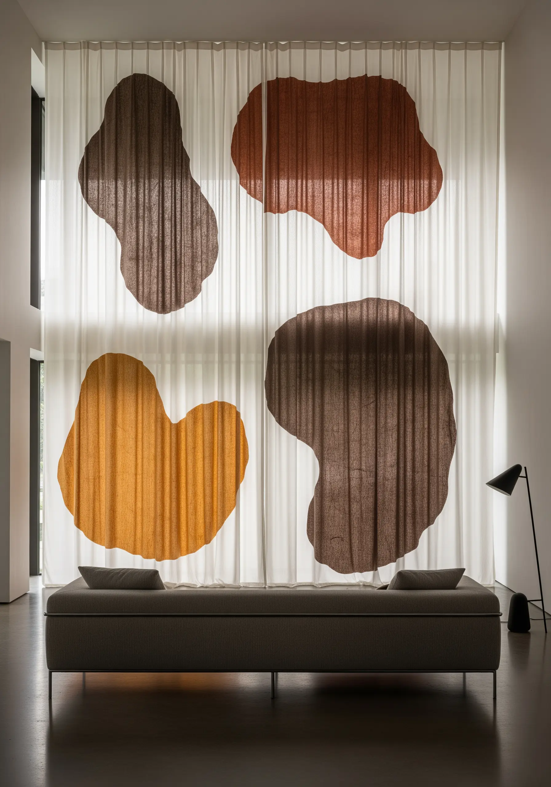 Floor-to-ceiling sheer curtains with large abstract brown and orange shapes