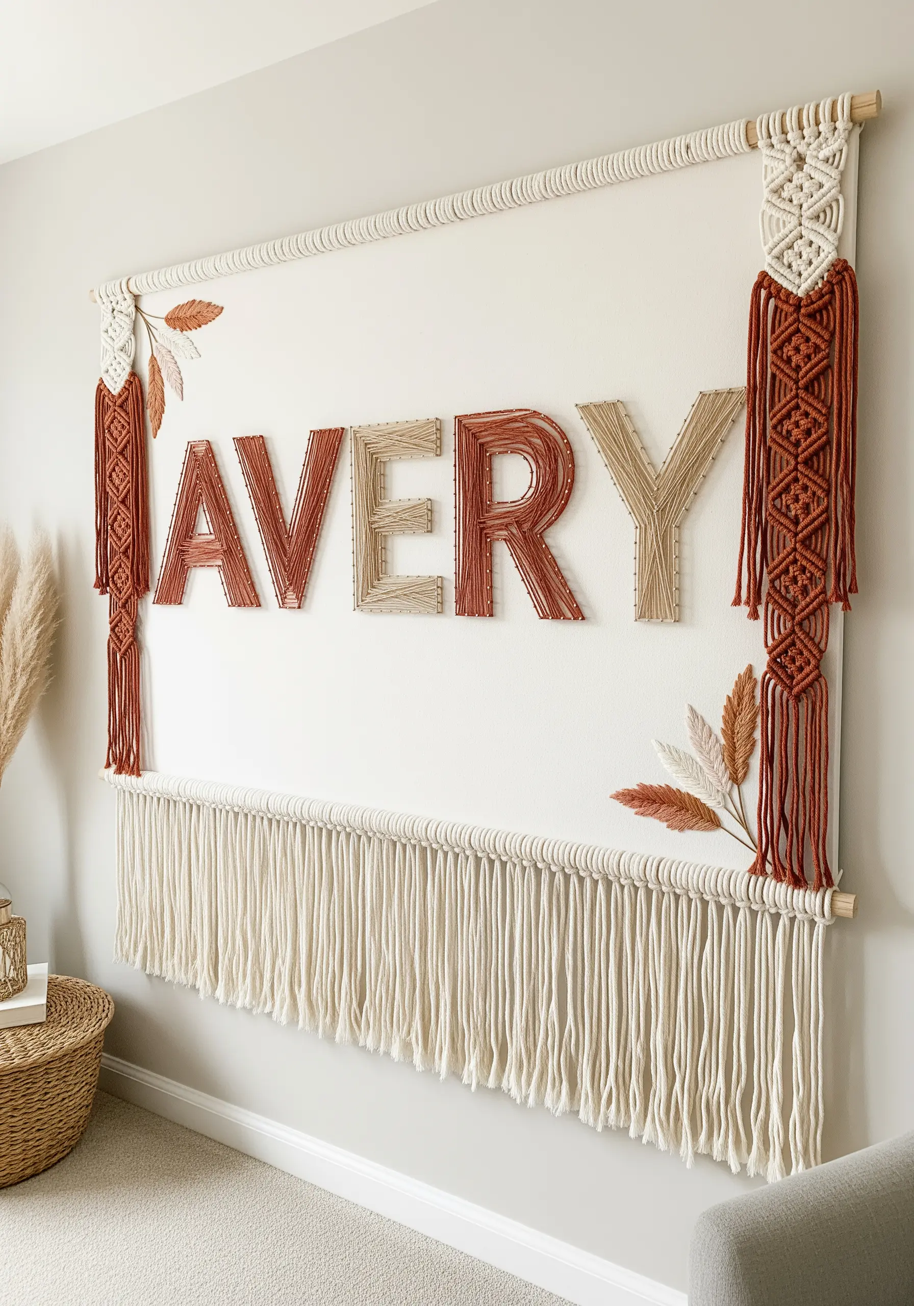 A large wall hanging with yarn lettering and macrame side panels in boho colors.