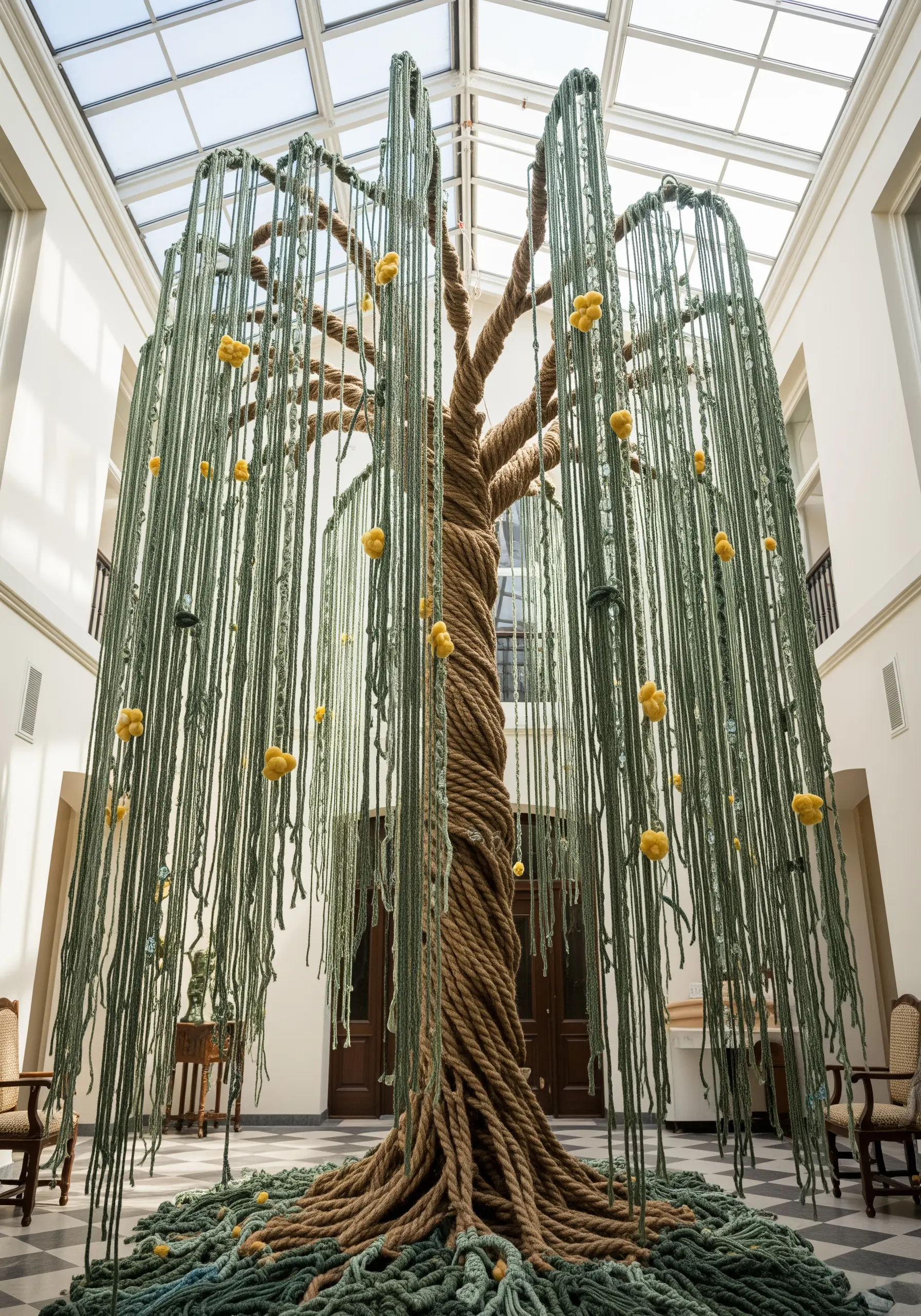 A massive, room-sized weeping willow tree sculpture made from twisted and hanging ropes.