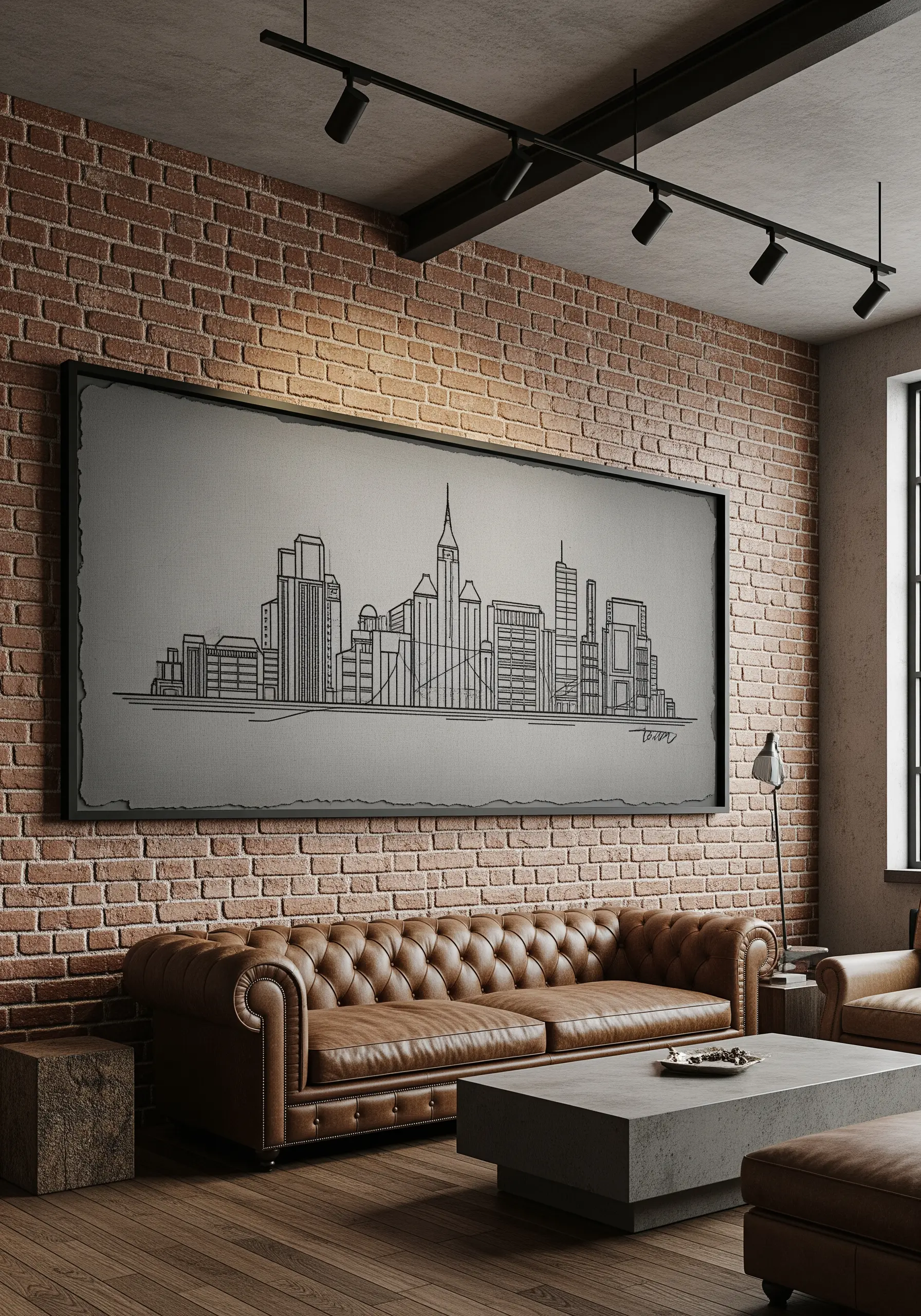 Minimalist line art embroidery of a cityscape on a large canvas.