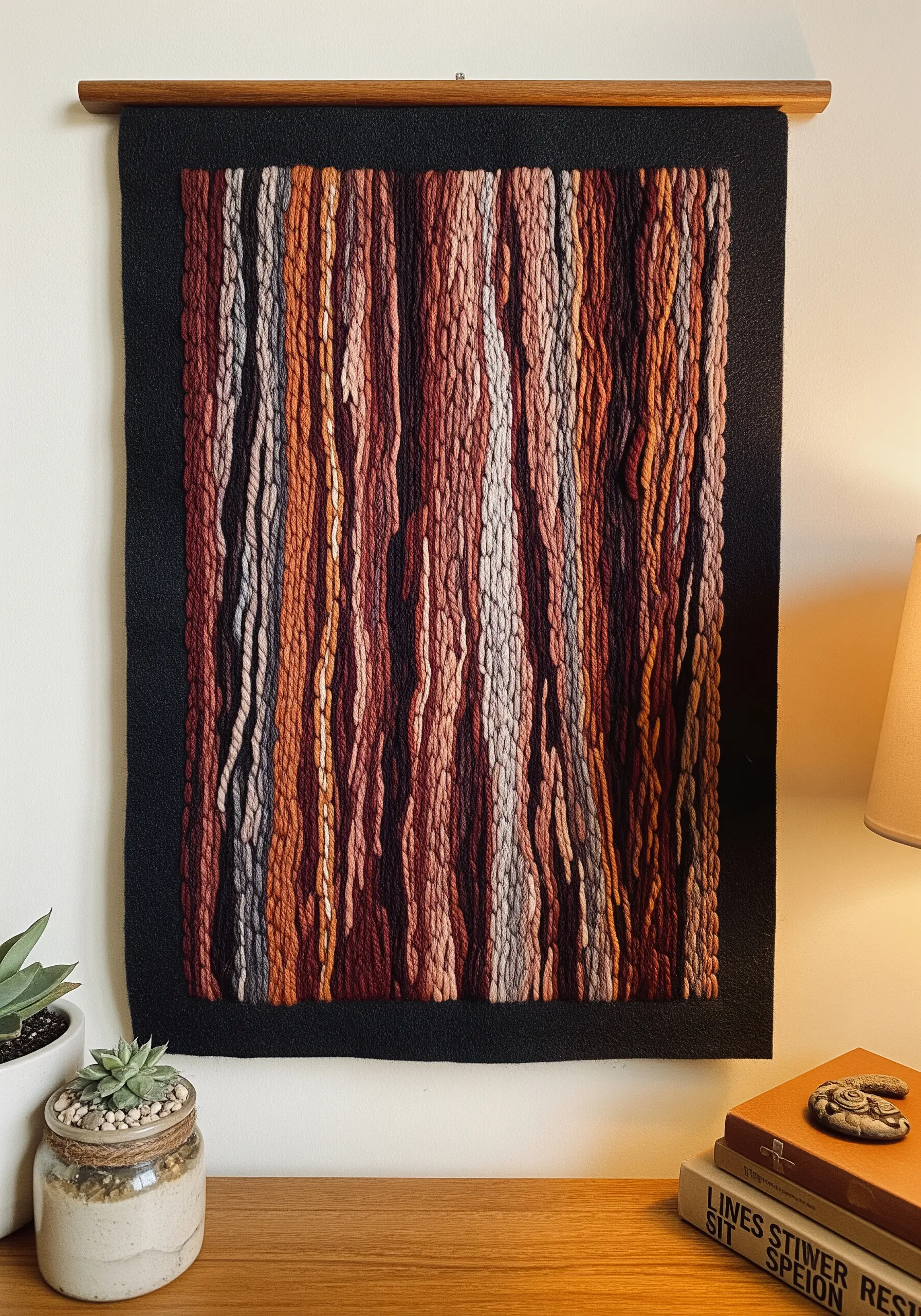 Large textile wall hanging with thick, vertically couched wool roving in shades of red and brown.