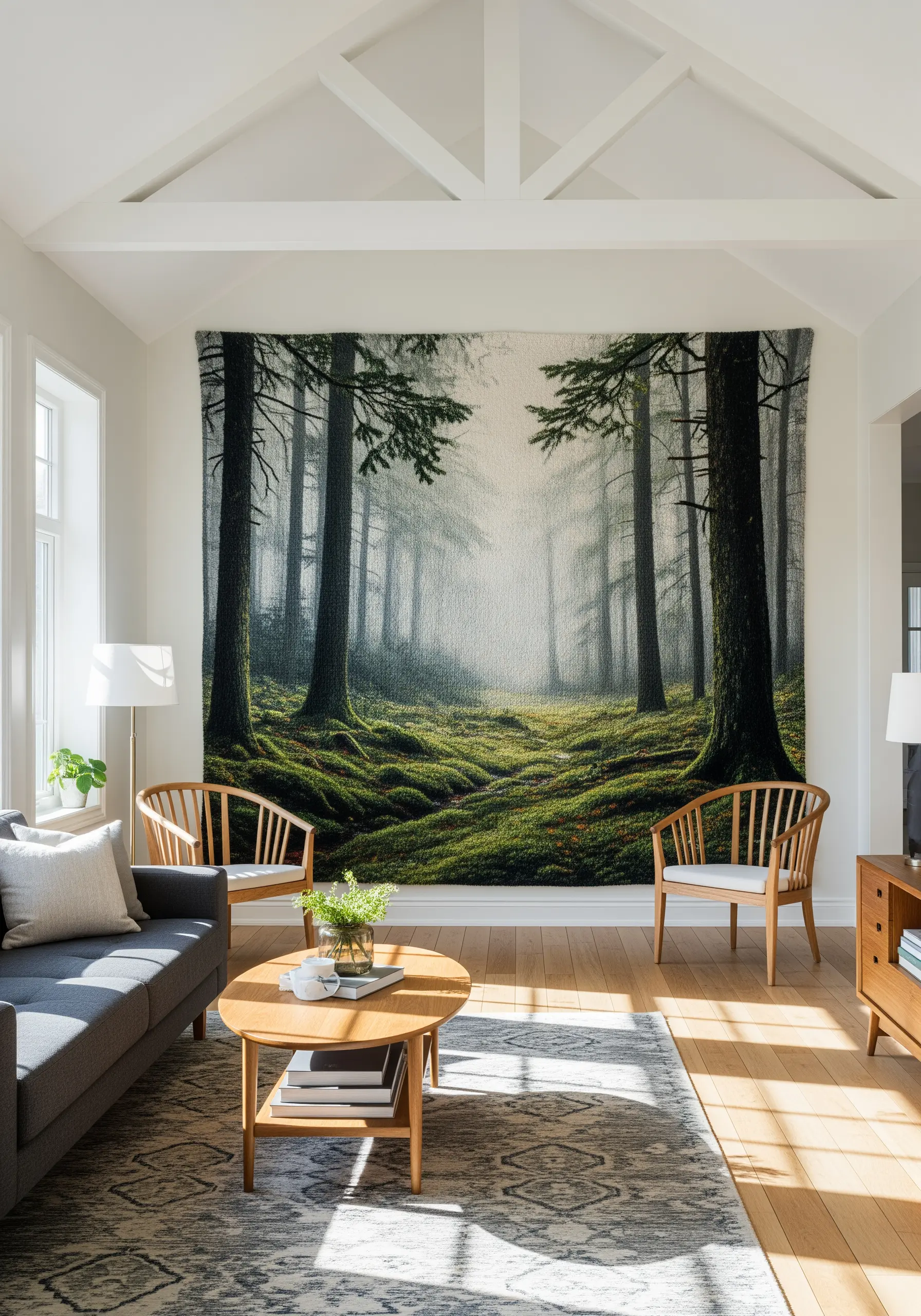 A massive wall tapestry depicting a realistic, misty forest scene created with thread painting.