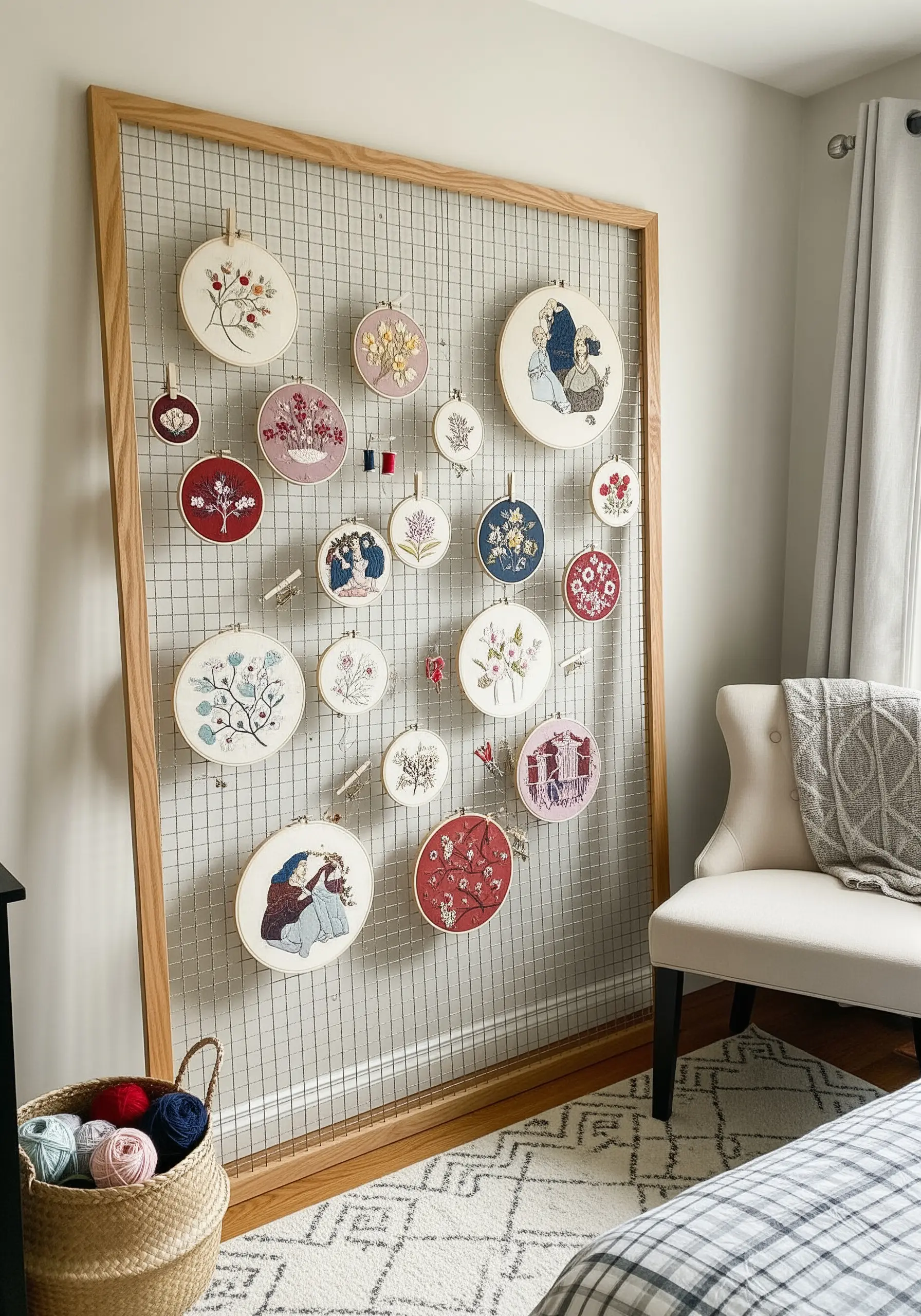 Large wooden frame with wire mesh holding many floral embroidery hoops