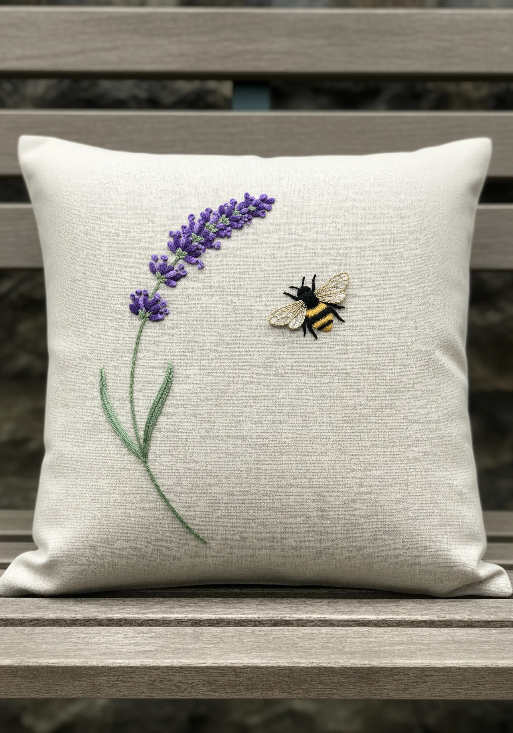 A sprig of embroidered lavender with a small, detailed thread-painted bee.