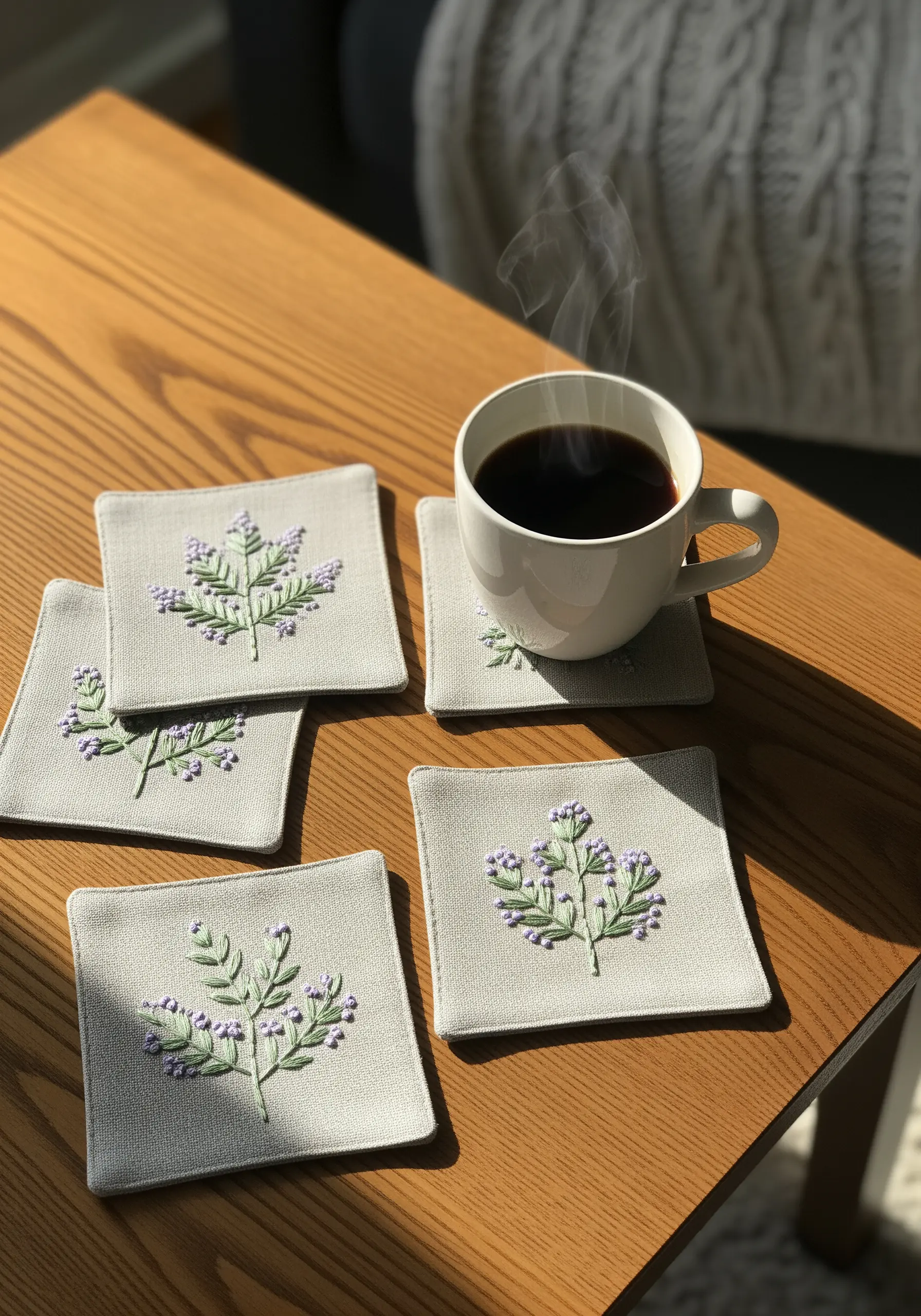 Bullion knot lavender embroidery on linen coasters