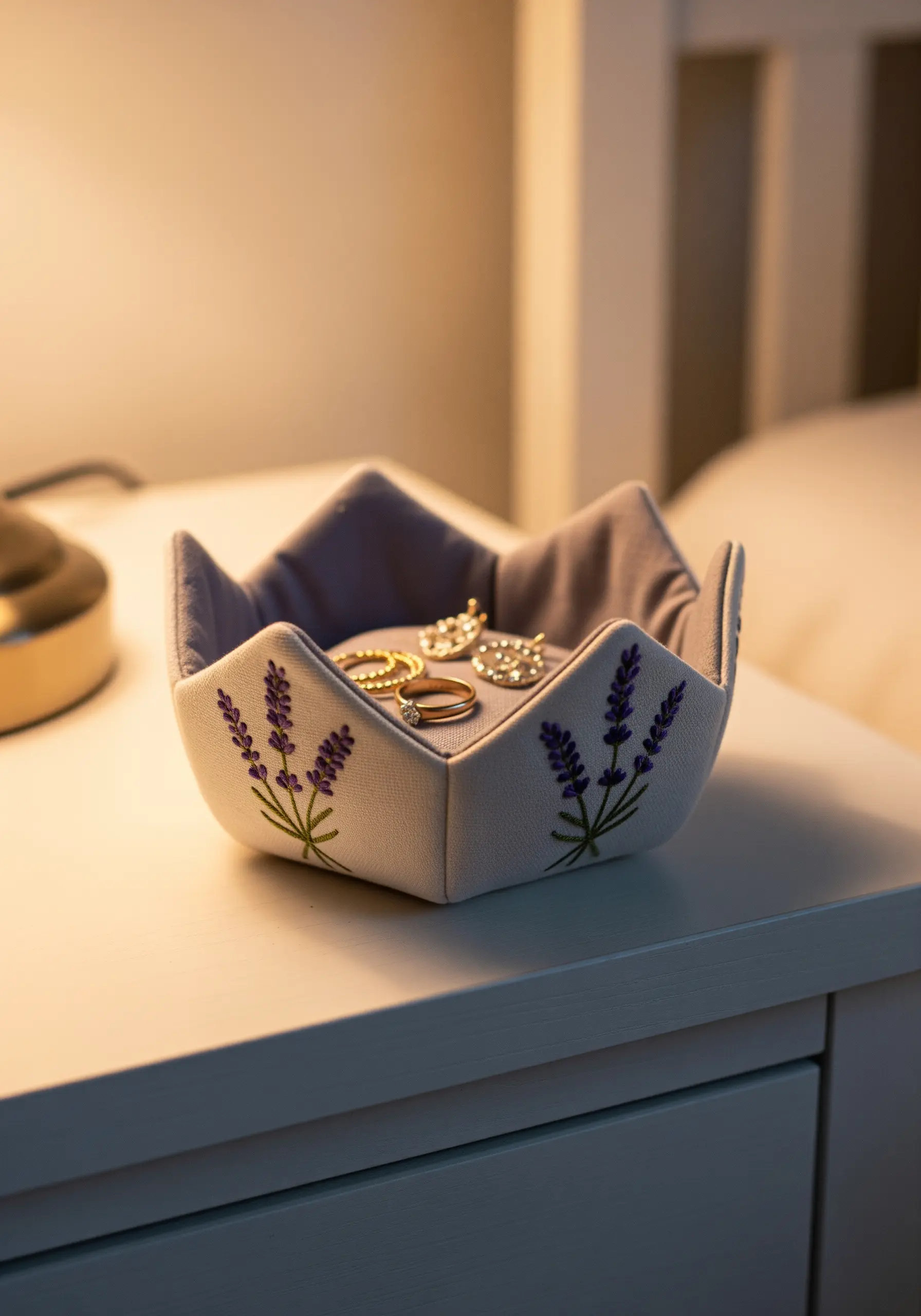 Fabric jewelry tray with lavender embroidery