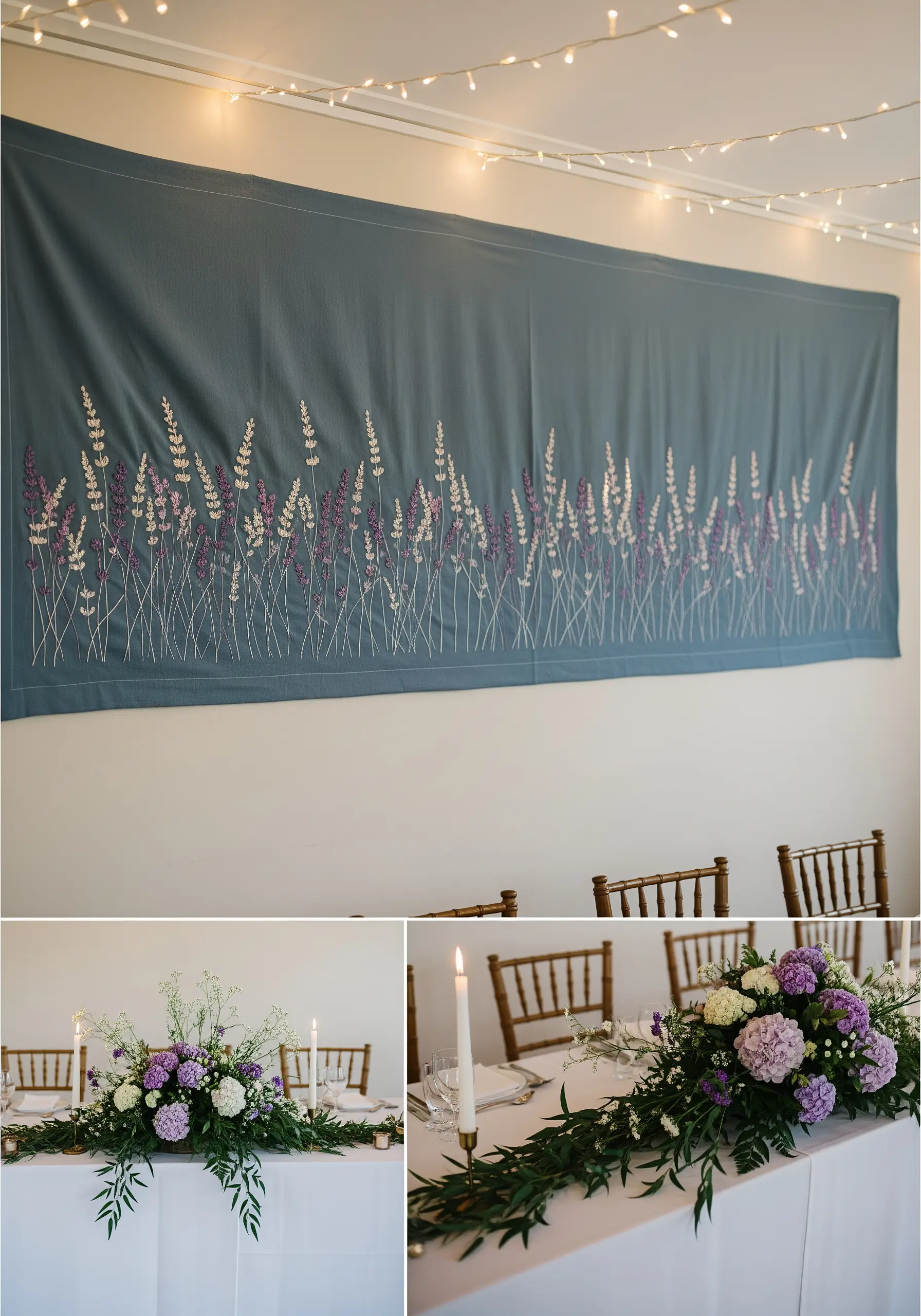 A long wall hanging embroidered with a field of lavender in shades of purple and cream.