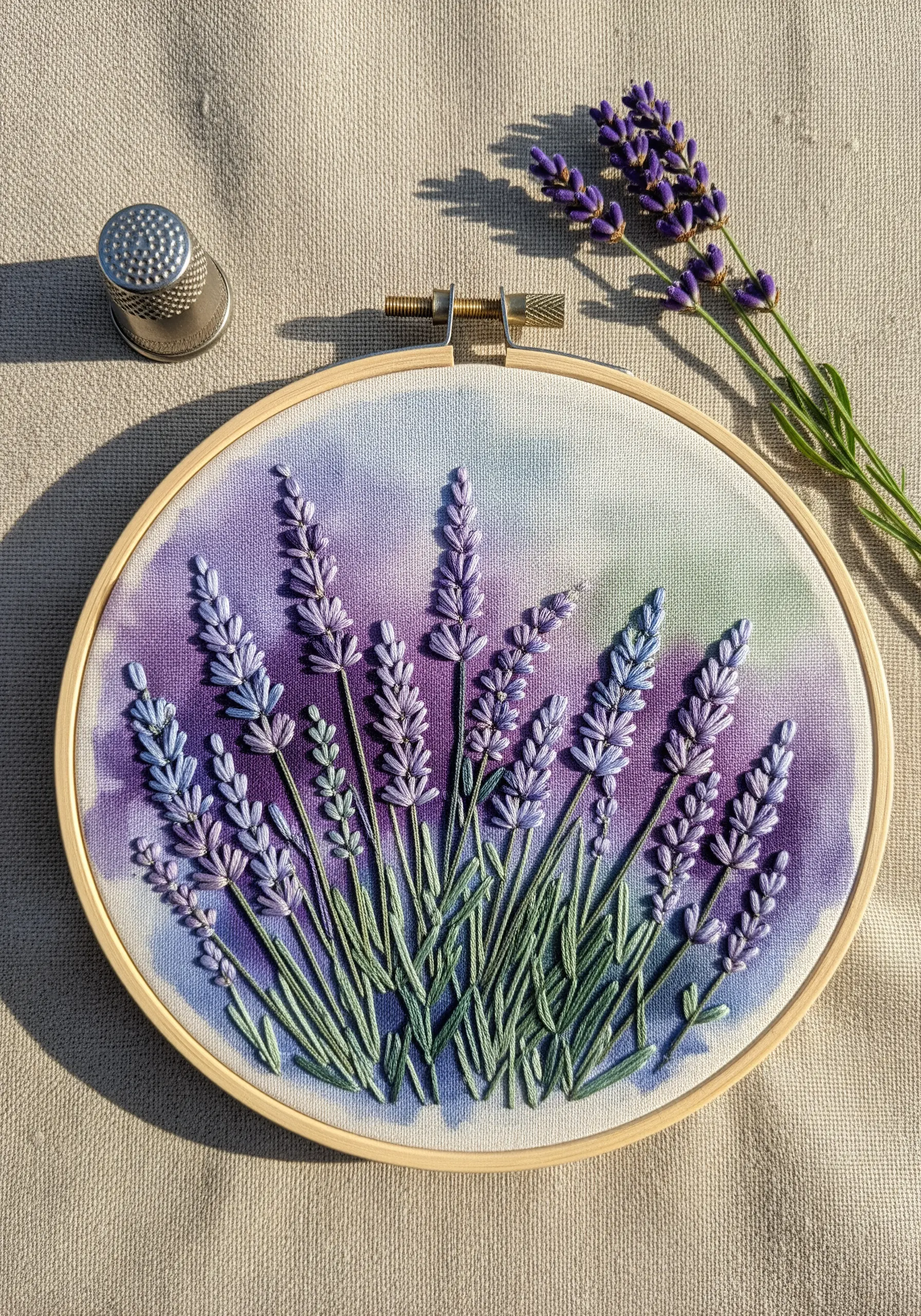 Embroidered lavender with bullion knots on a purple and blue watercolor background.
