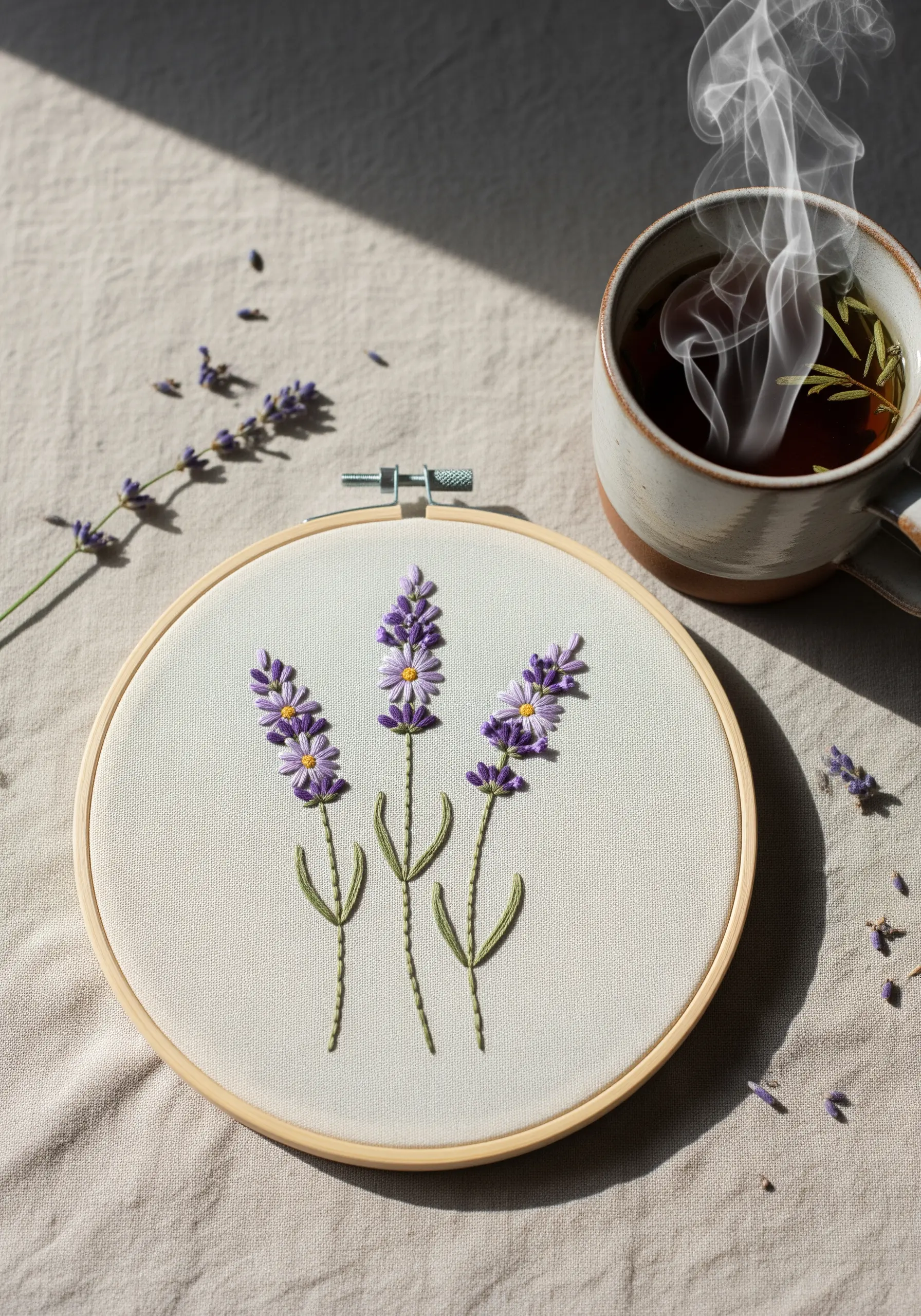 Three lavender sprigs with purple woven wheel stitch flowers and green stem stitch stems.