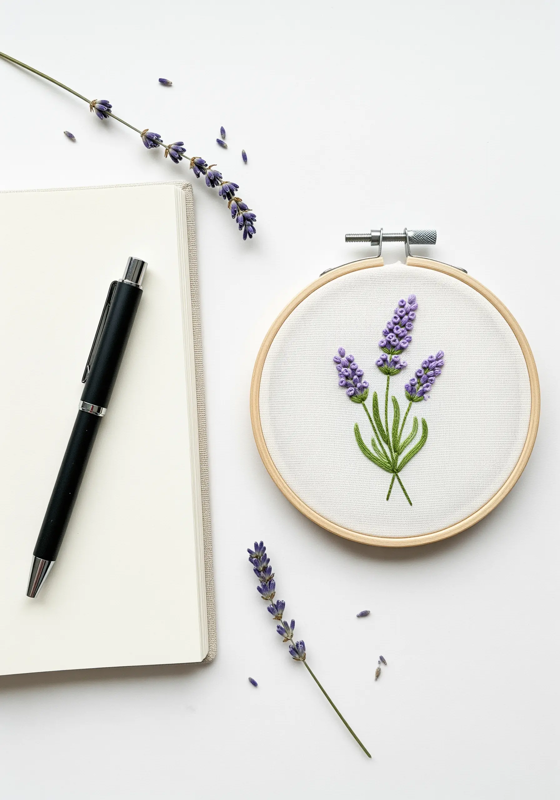 A small sprig of lavender embroidered with purple French knots and green stems.