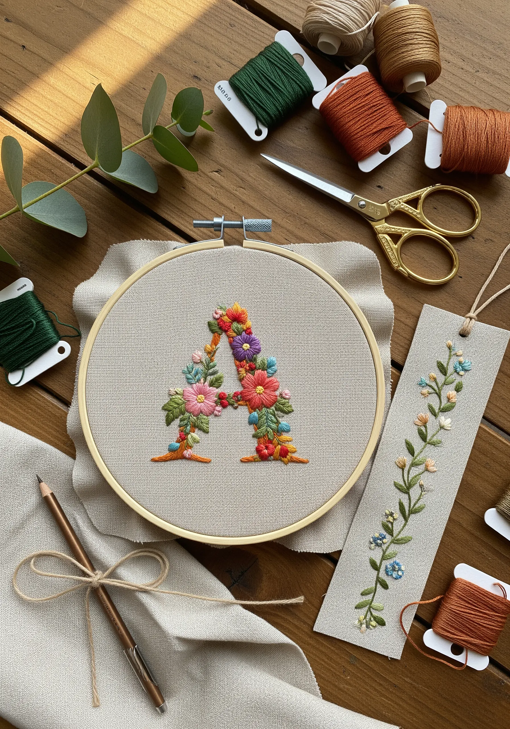 Embroidery hoop with a floral letter 'A' surrounded by colorful threads and scissors.