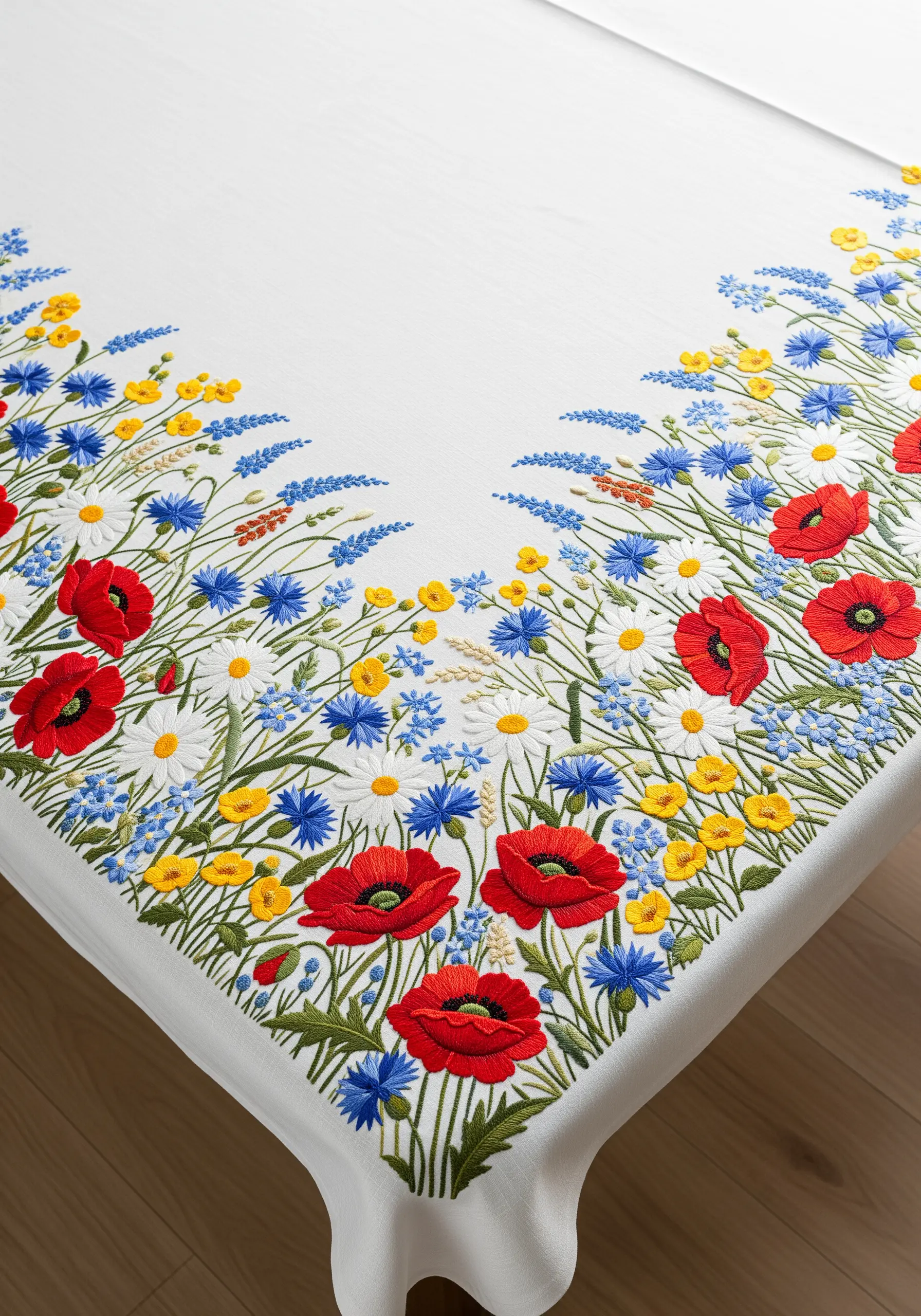A dense, colorful border of embroidered wildflowers like poppies, daisies, and cornflowers.