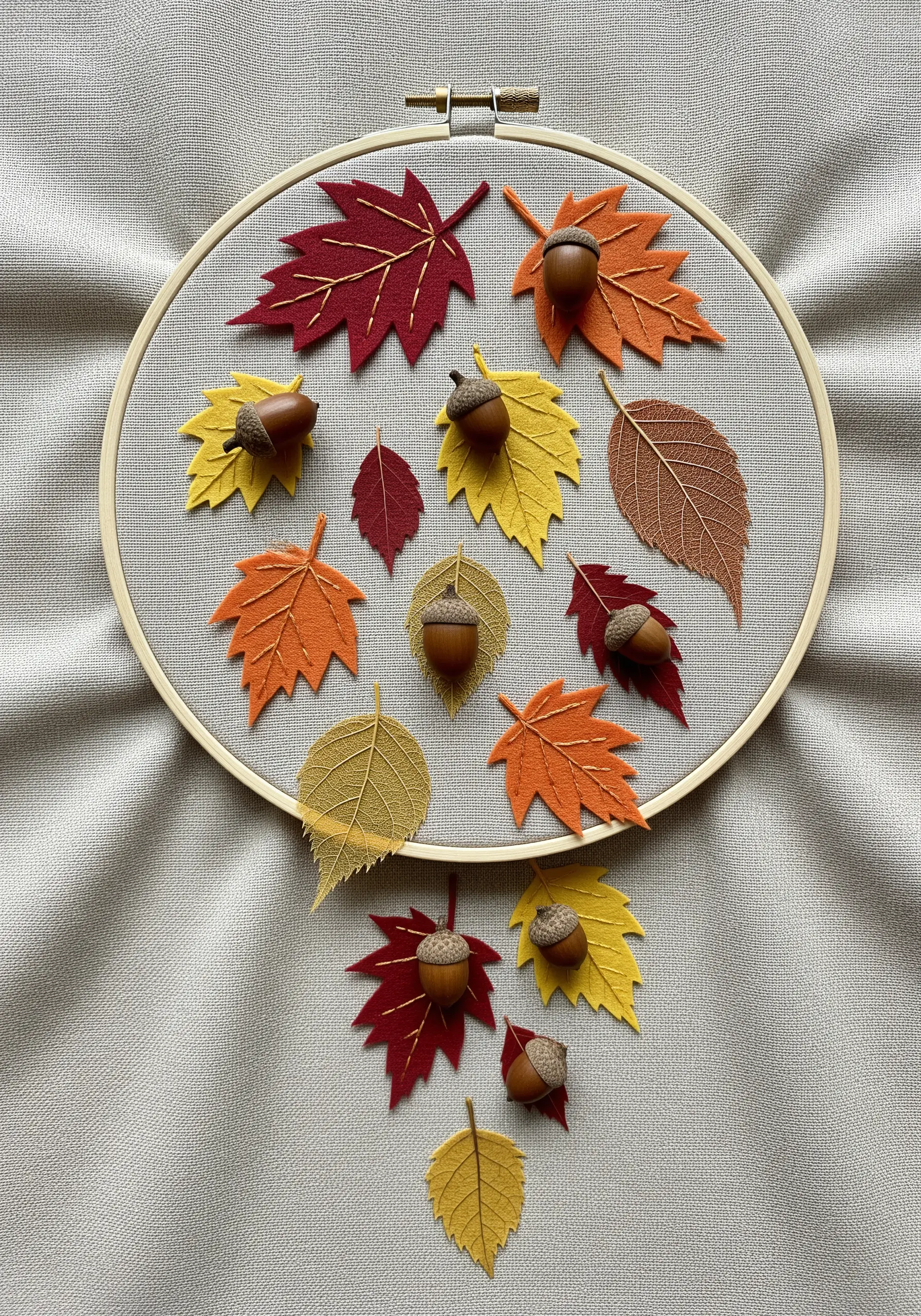An autumn-themed embroidery hoop with layered felt leaves, embroidered veins, and real acorns.