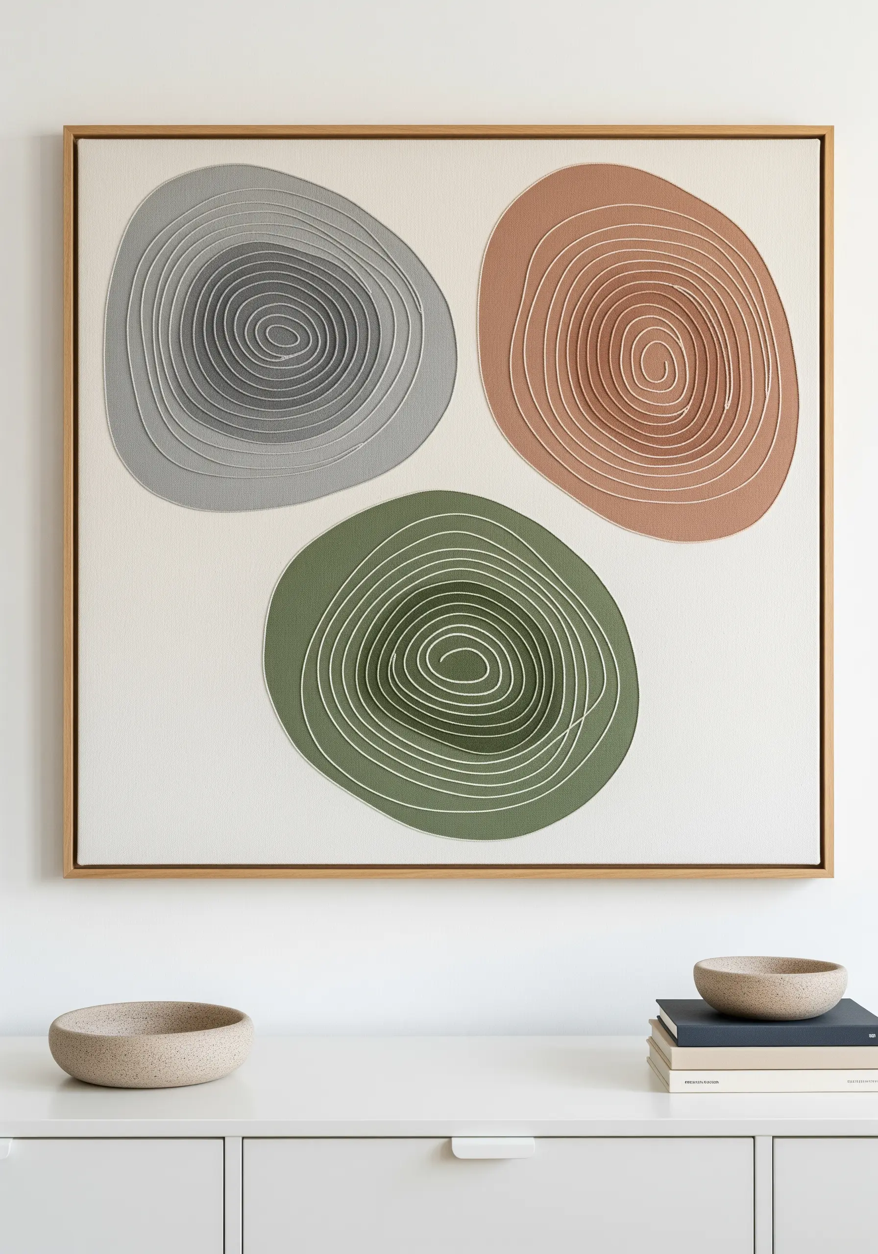 Framed textile art with three organic, pebble-like appliqué shapes in muted colors, detailed with white contour stitching.
