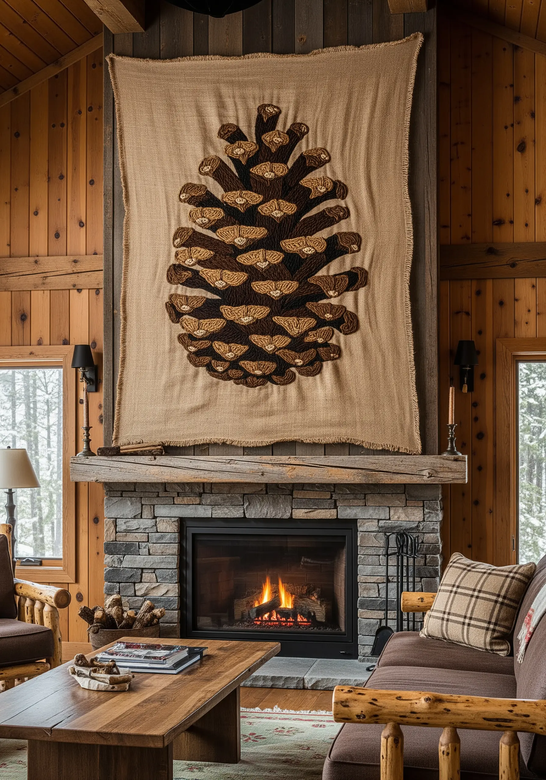A giant pinecone embroidered and appliquéd on a burlap tapestry above a rustic stone fireplace