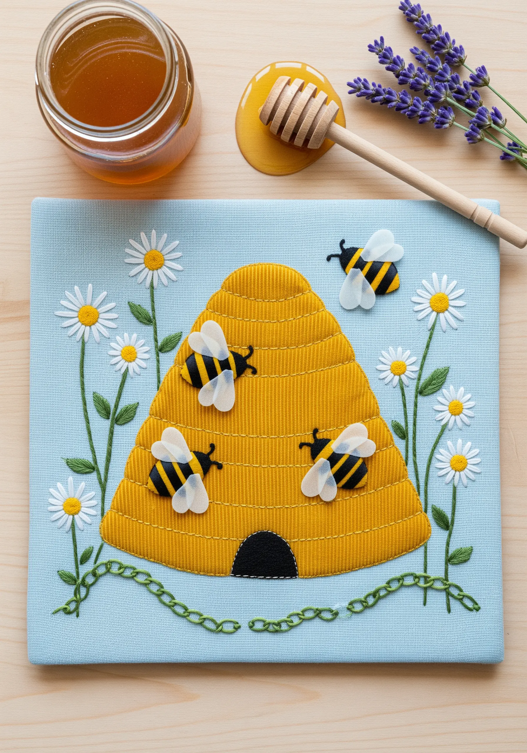 Appliqué bee hive scene with layered felt bees on a light blue background.