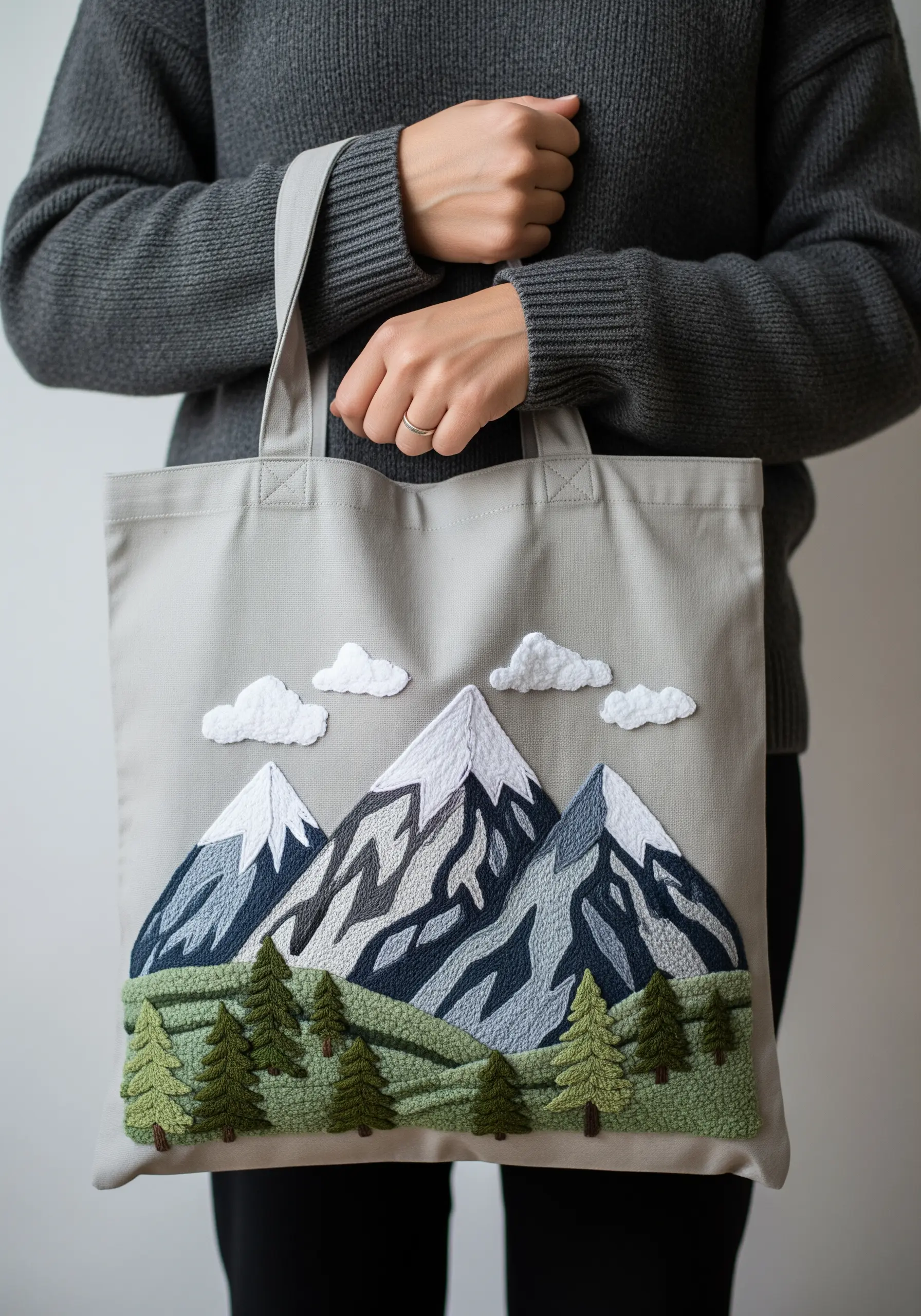 A mountain landscape created with layered fabric appliqué and textural embroidery.