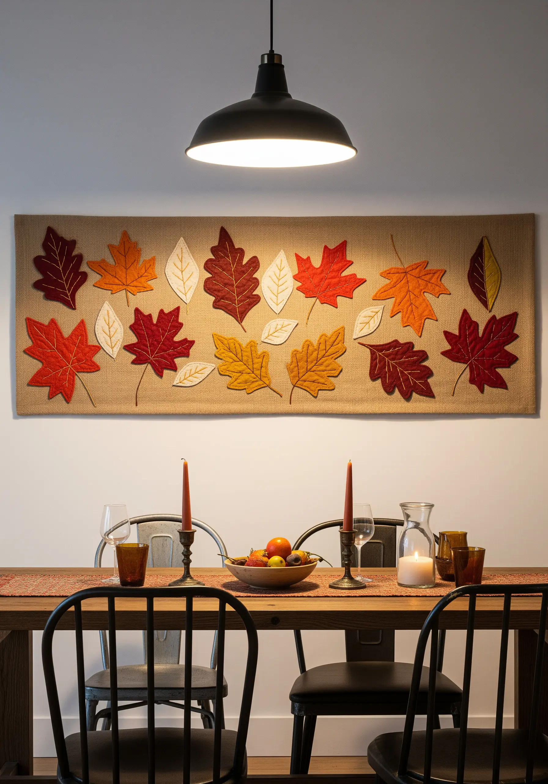 An autumnal wall hanging on burlap with appliquéd leaves in red, orange, and yellow.