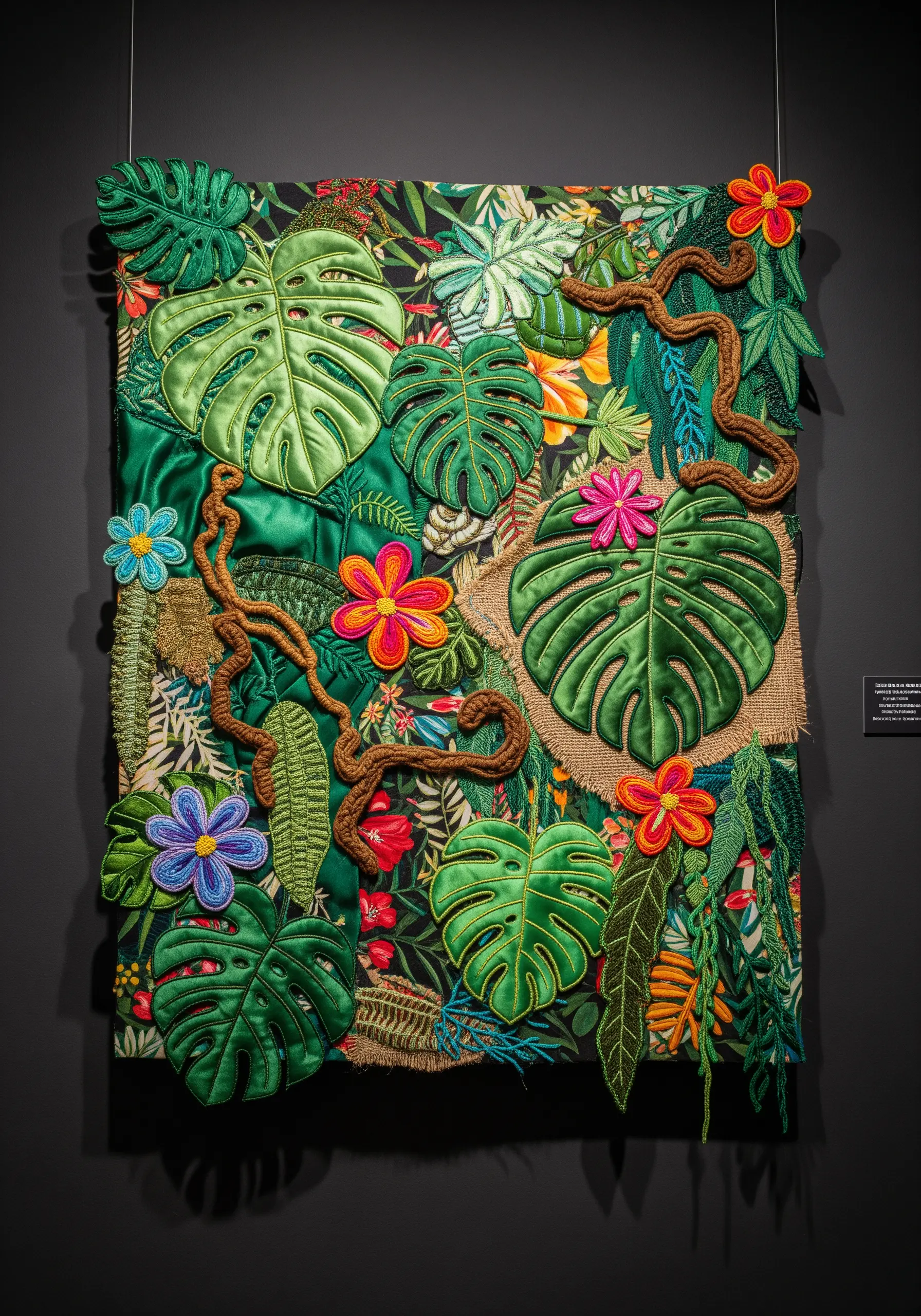 A lush jungle scene with 3D satin-stitched leaves appliquéd over a tropical print fabric.