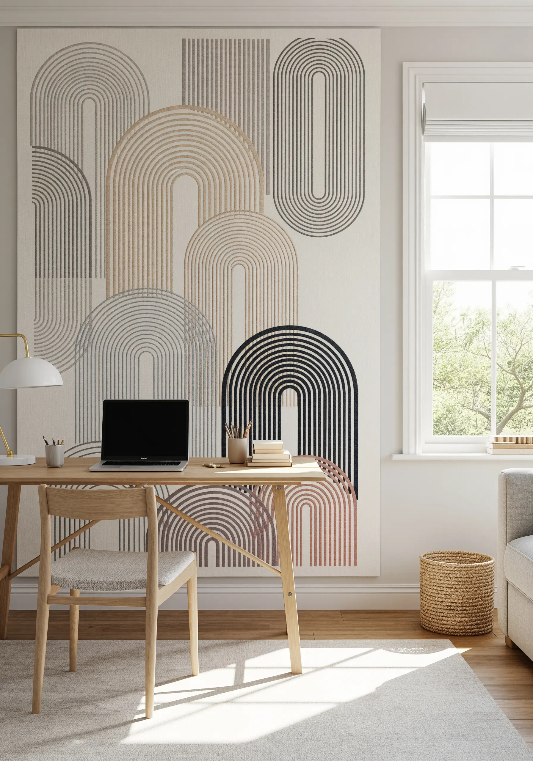 A large canvas with layered, embroidered arches in a palette of neutral and muted tones.