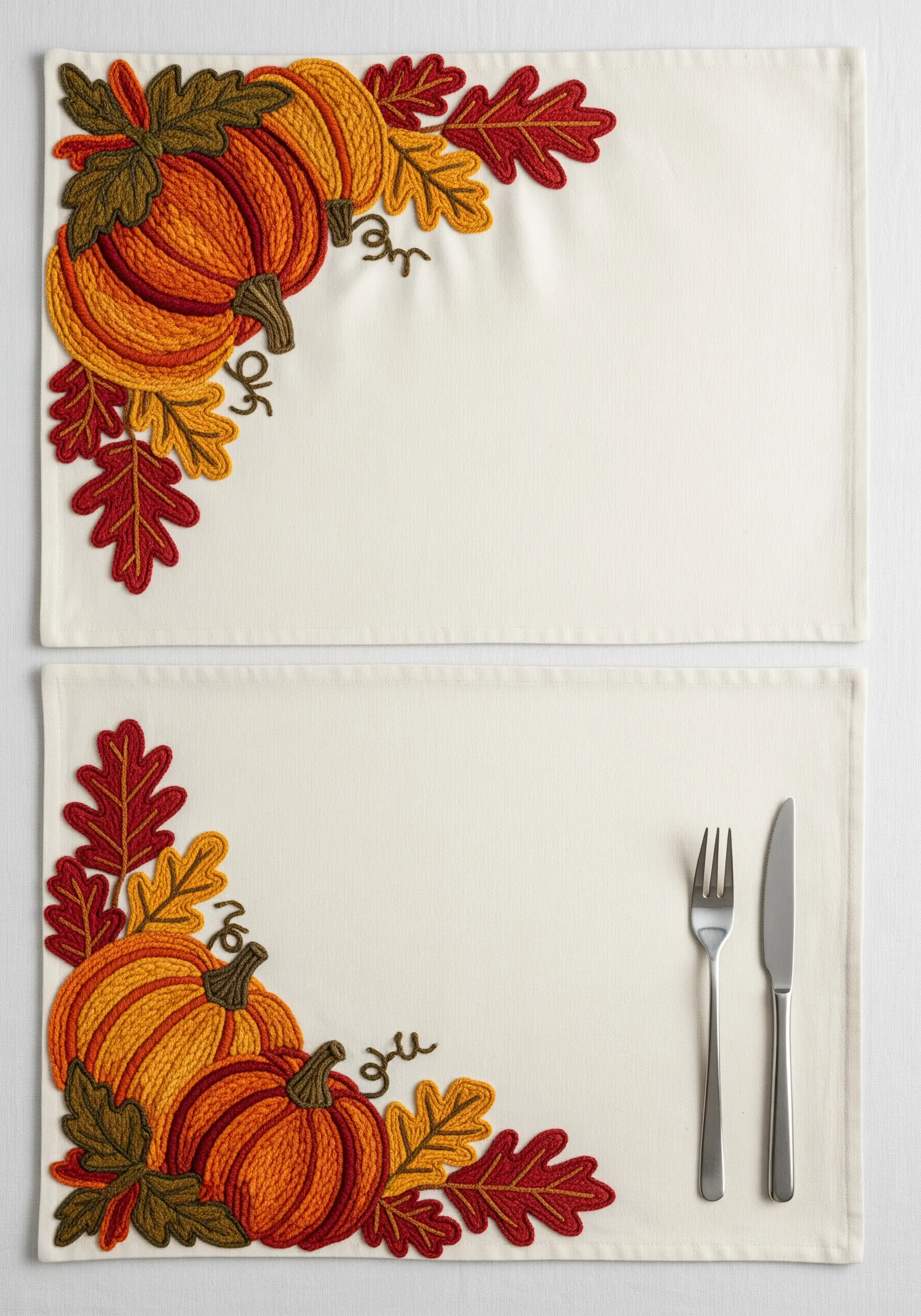 Two placemats with embroidered corner motifs of pumpkins and autumn leaves in warm tones.