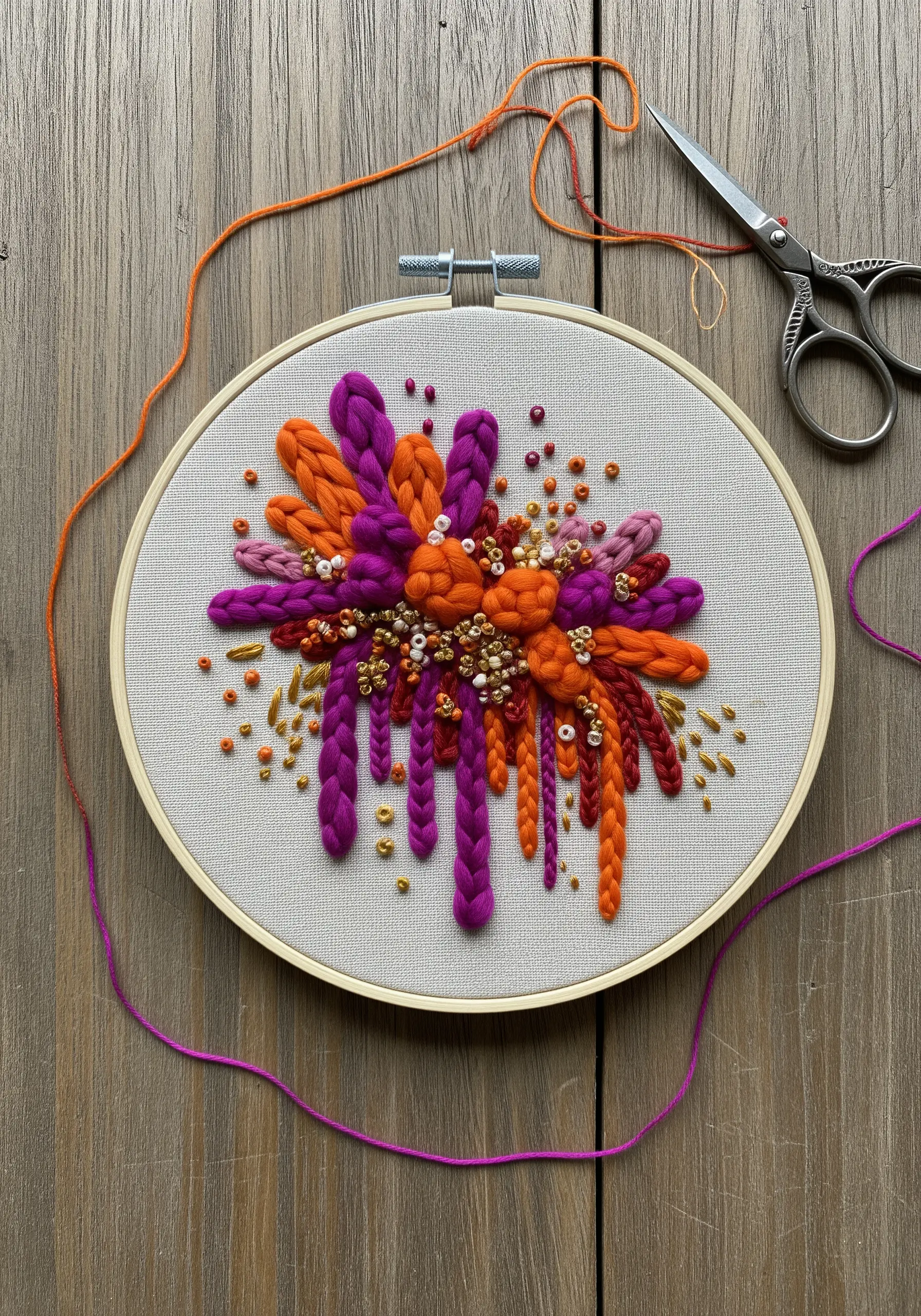 Abstract floral embroidery with thick, braided magenta and orange yarn, plus scattered beads.