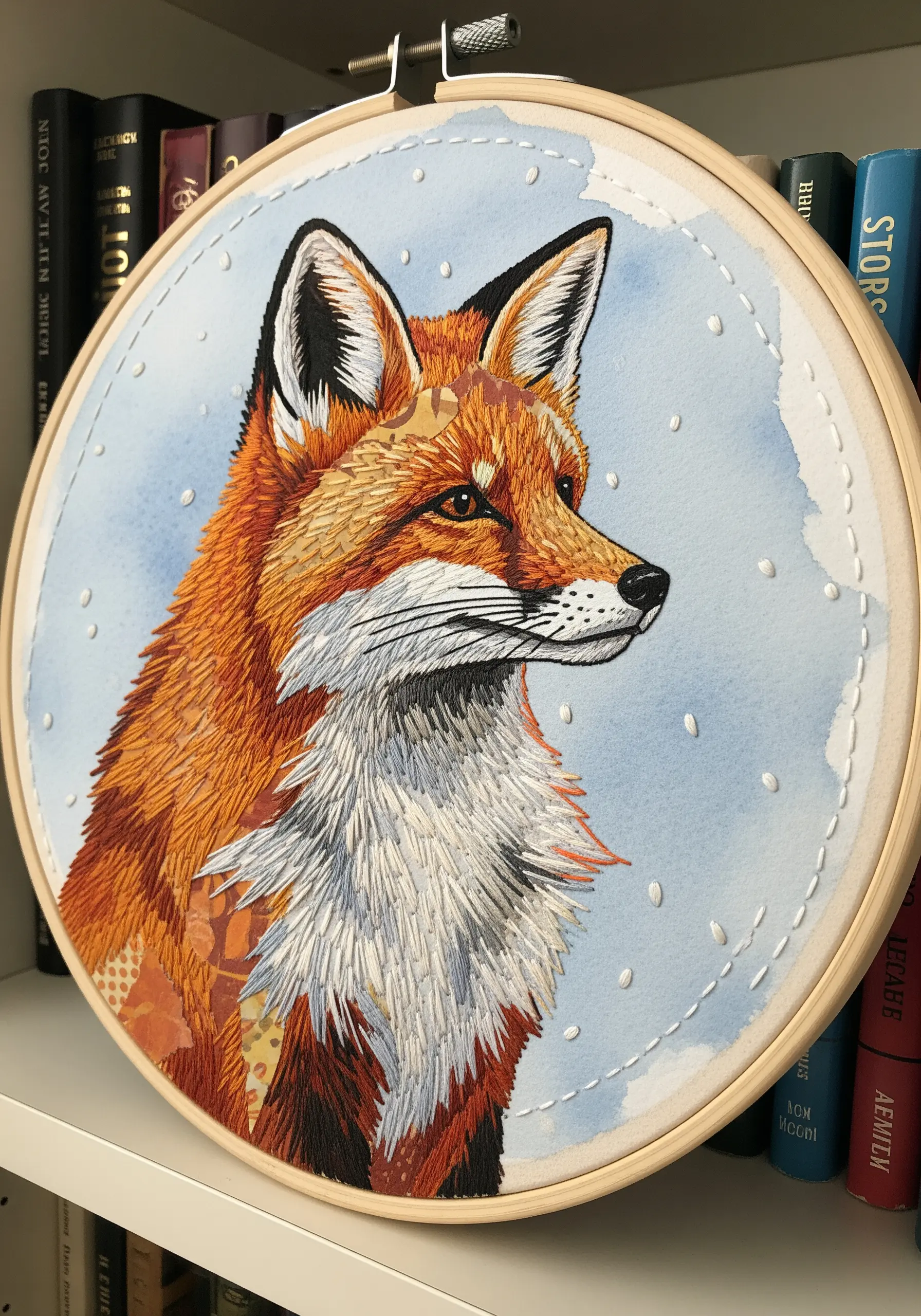 Mixed-media fox portrait combining fabric appliqué, watercolor, and detailed thread painting.