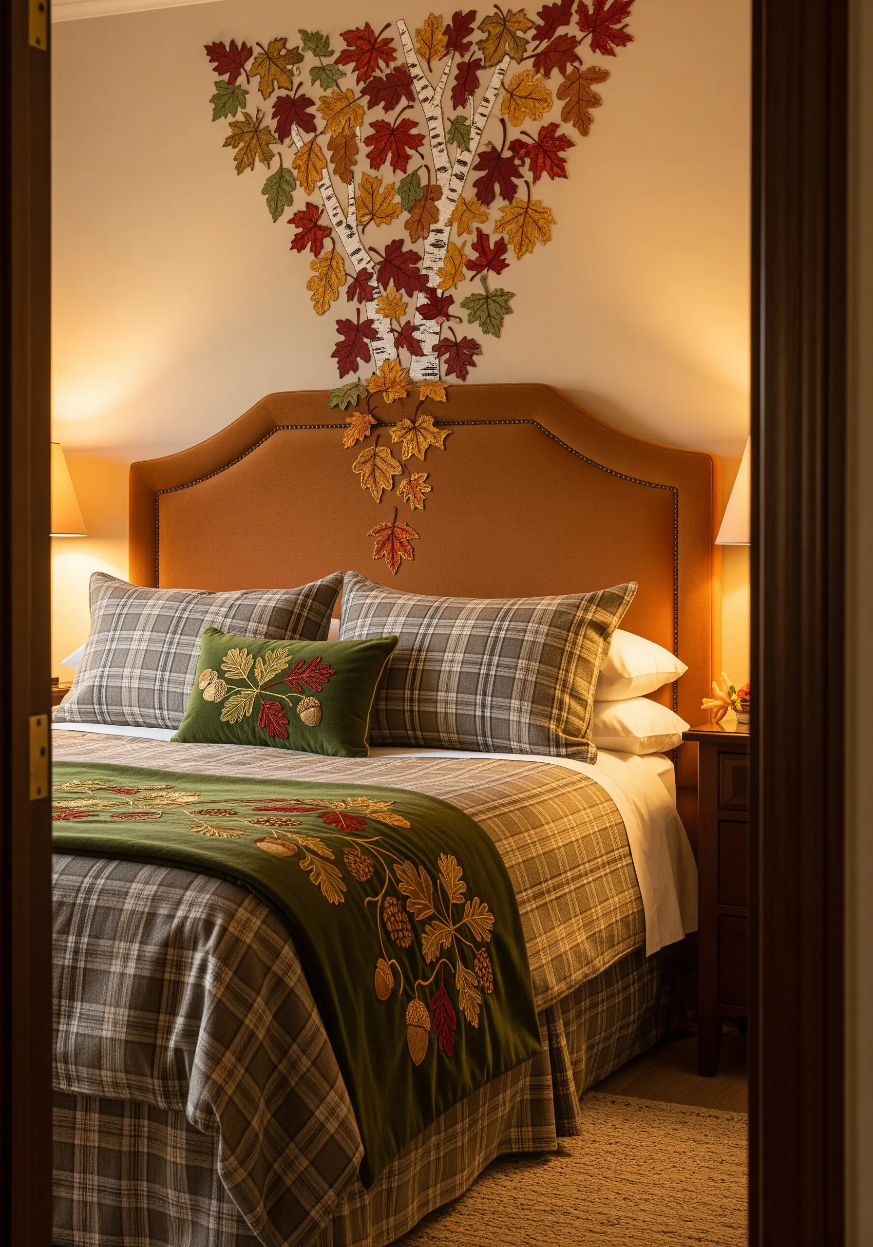 Appliquéd and embroidered autumn leaves on a headboard and matching pillows.