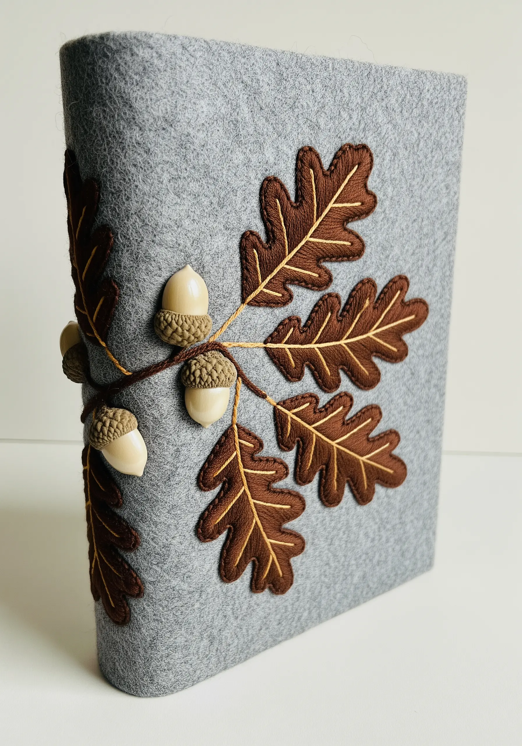 A gray felt journal cover adorned with brown felt appliqué oak leaves and 3D acorn details.