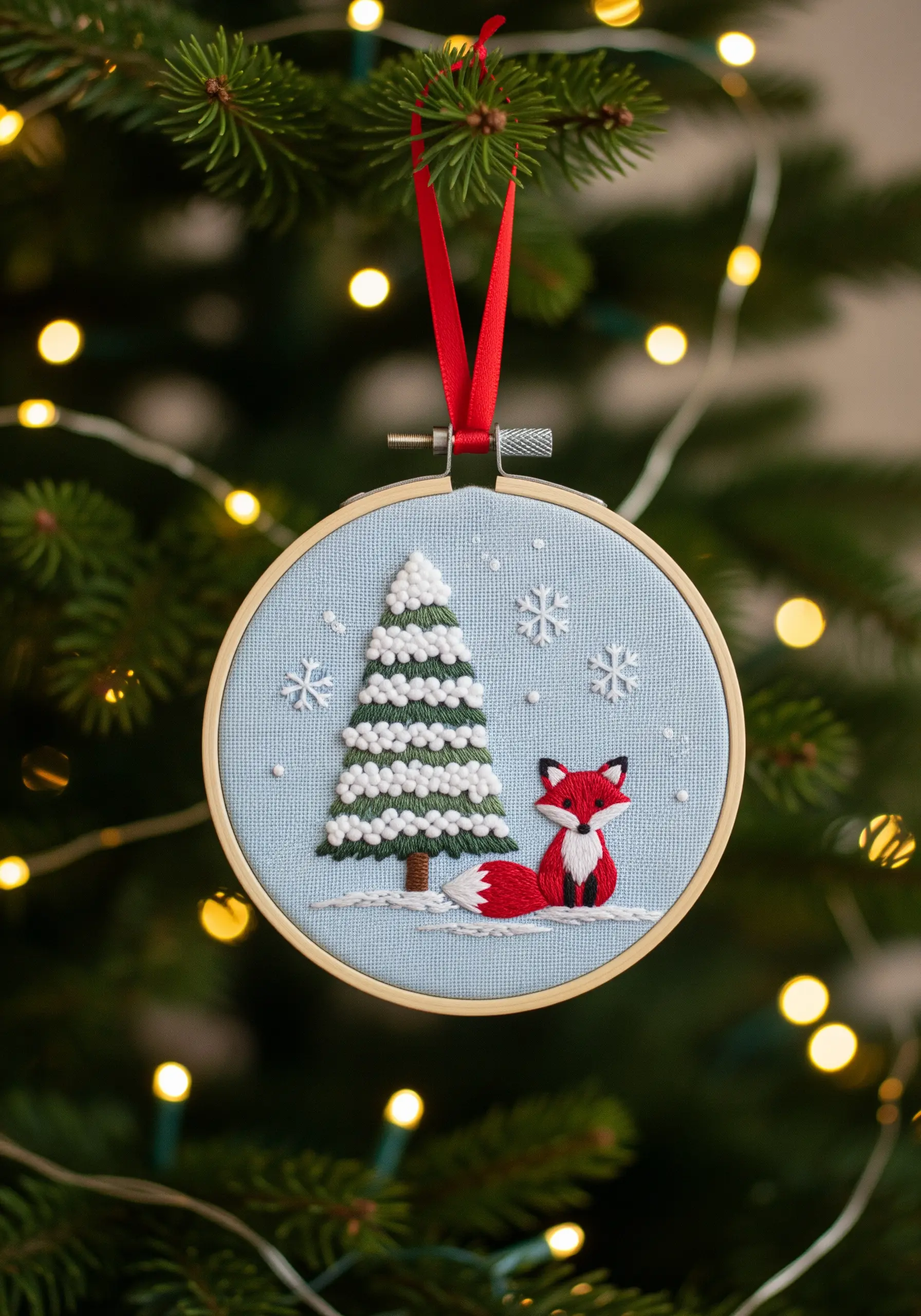 Christmas ornament with a felt appliqué fox and tree, detailed with embroidery.