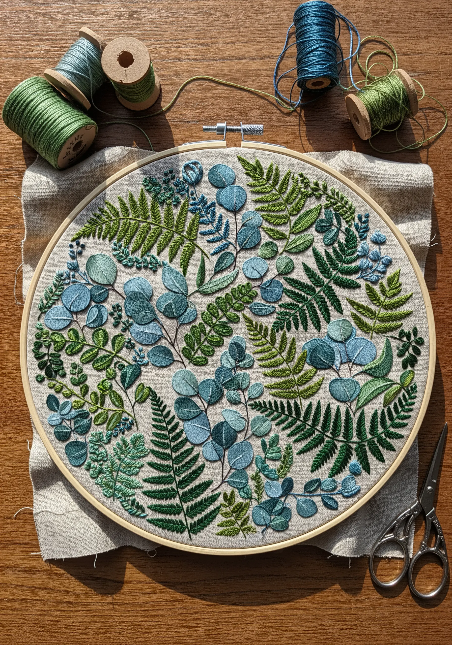 Dense hoop embroidery featuring layered ferns, eucalyptus, and tiny blue florals.