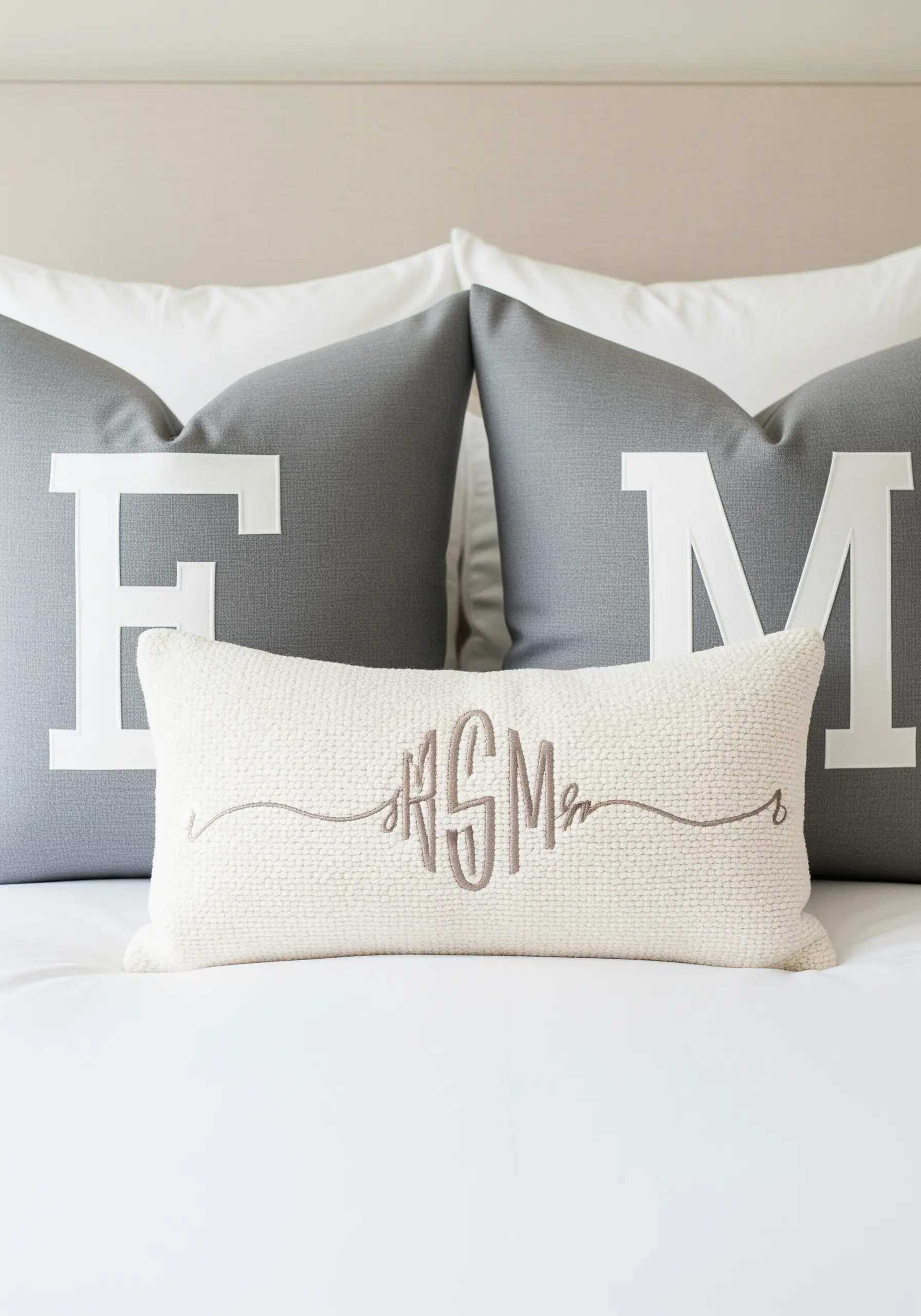 A small lumbar pillow with a script monogram in front of two large pillows with block initials.