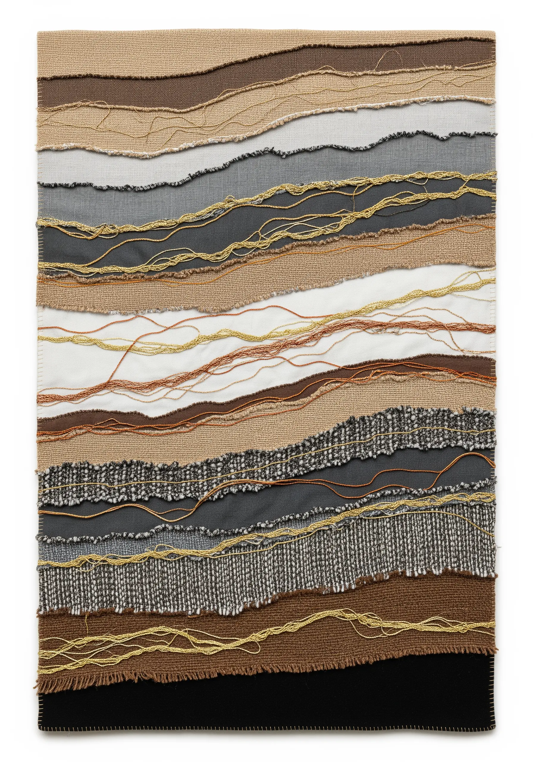A textile collage of layered, frayed earth-toned fabrics with loose gold threads stitched across.