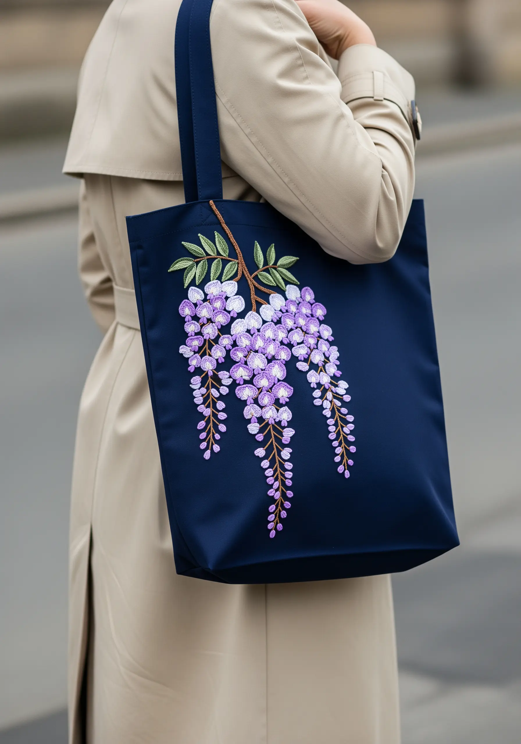 Cascading wisteria flowers created with layered French knots on a navy blue tote bag.