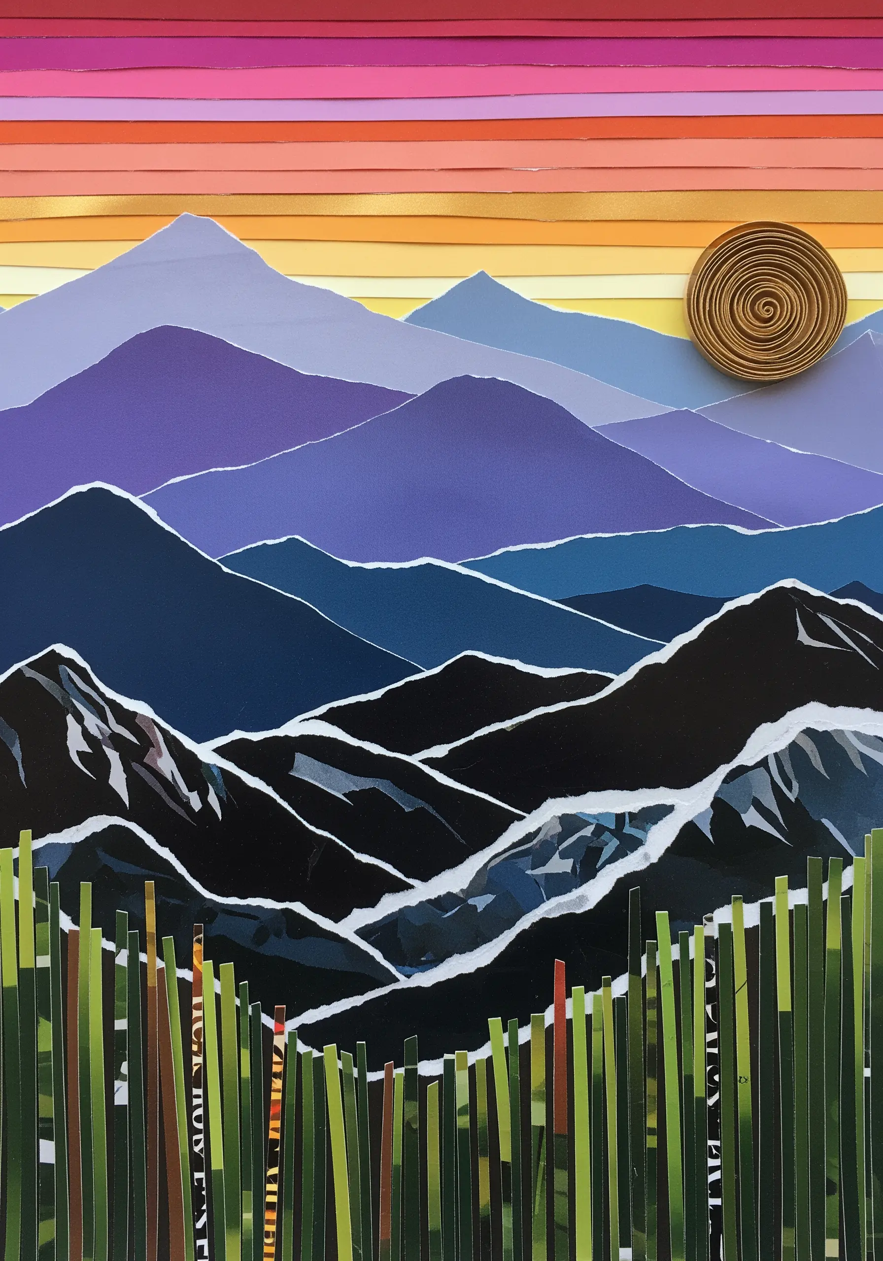 A layered paper collage of mountains in shades of purple and blue, creating a sense of depth.