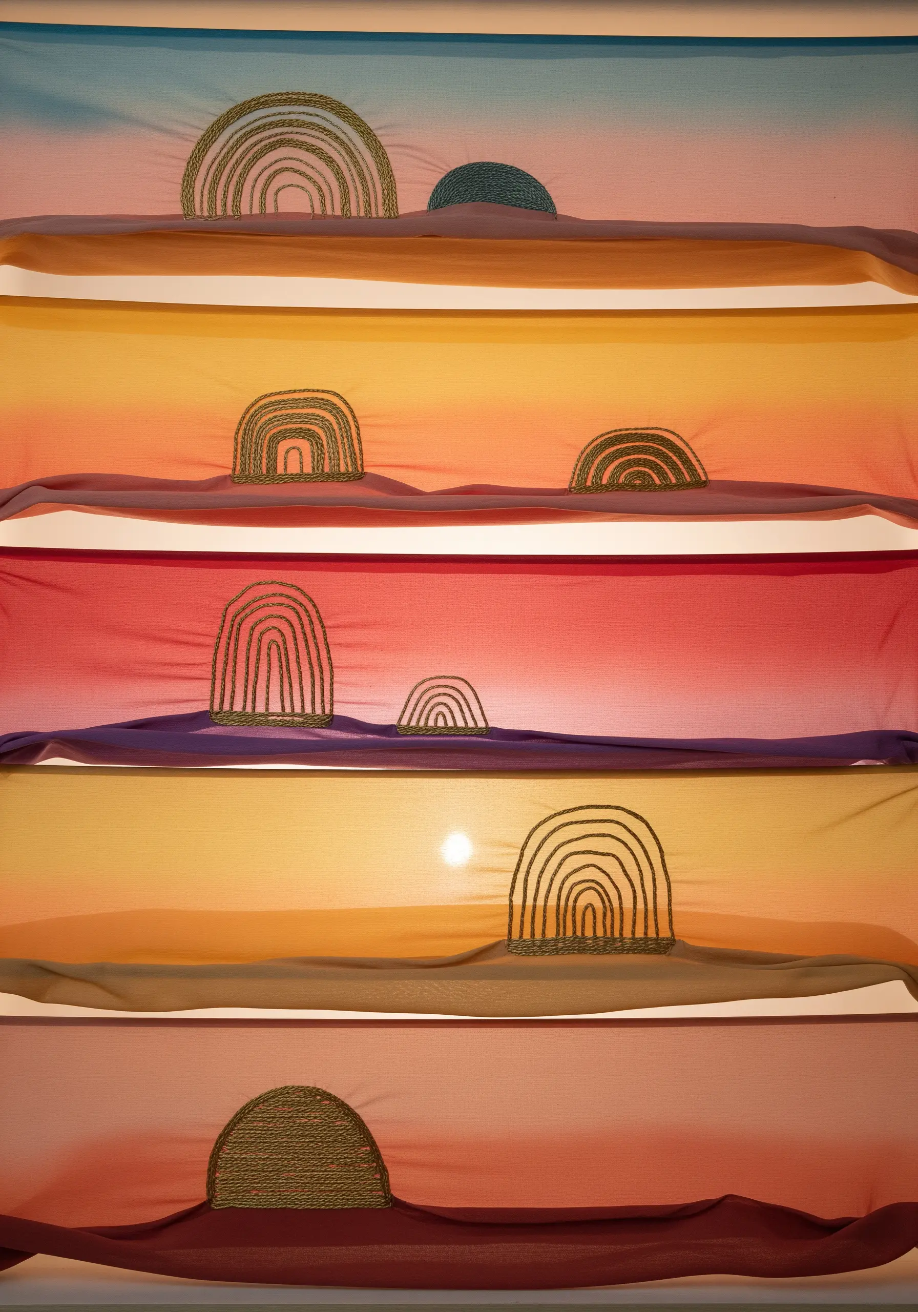 A backlit installation of layered, colorful translucent fabrics with simple embroidered motifs on each layer.