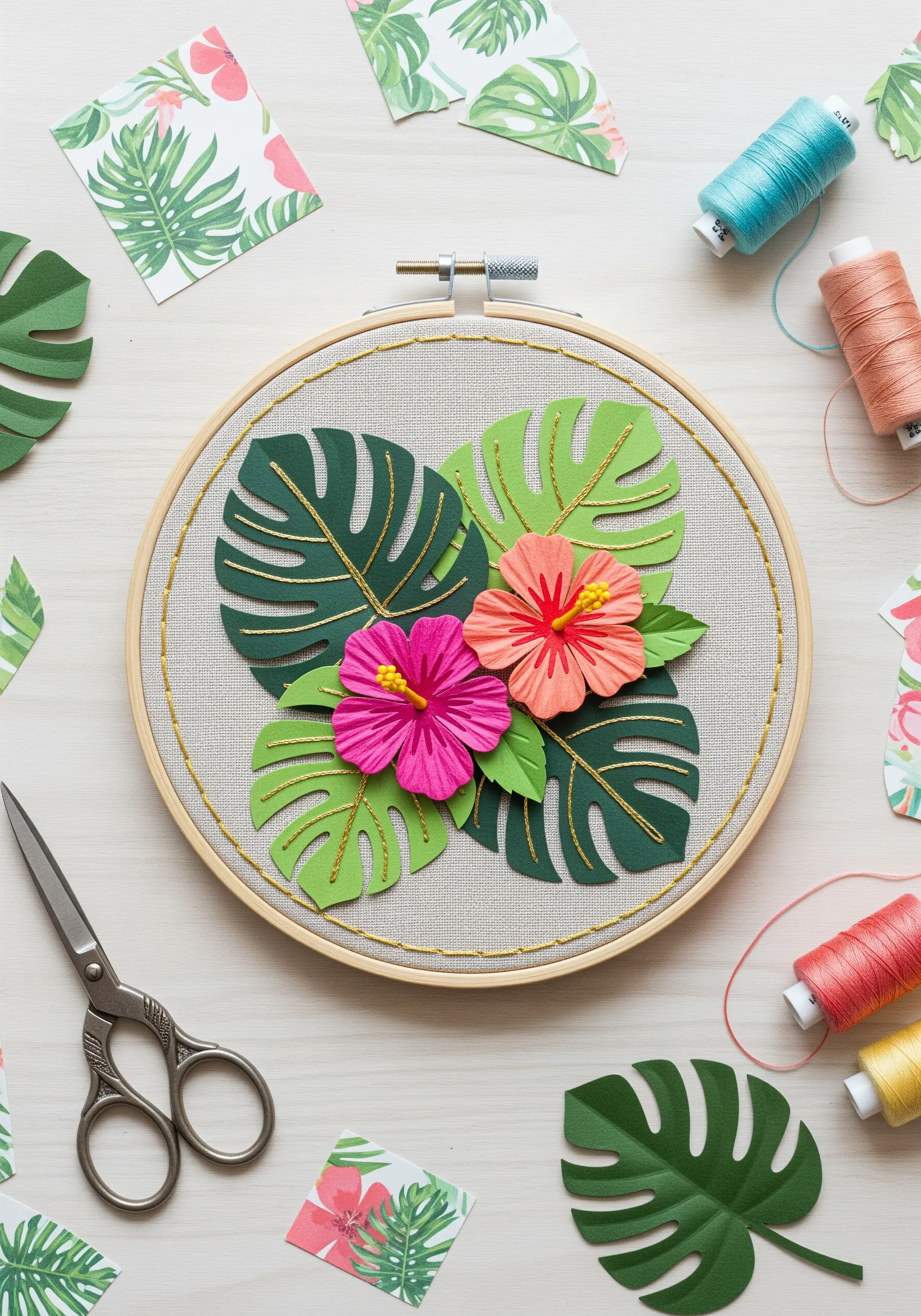 Tropical paper leaves and hibiscus flowers layered in a hoop with gold thread outlines.