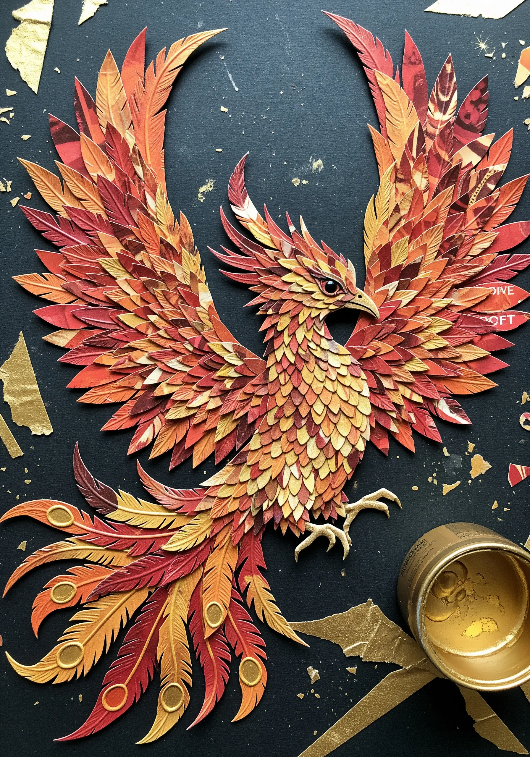 A magnificent phoenix collage made from layered paper feathers in shades of red, orange, and gold.