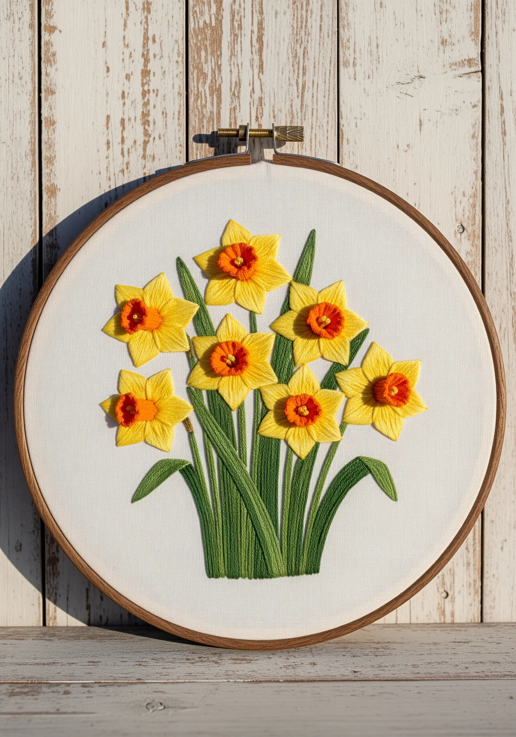 Embroidered yellow daffodils with orange centers and green stems in a hoop.