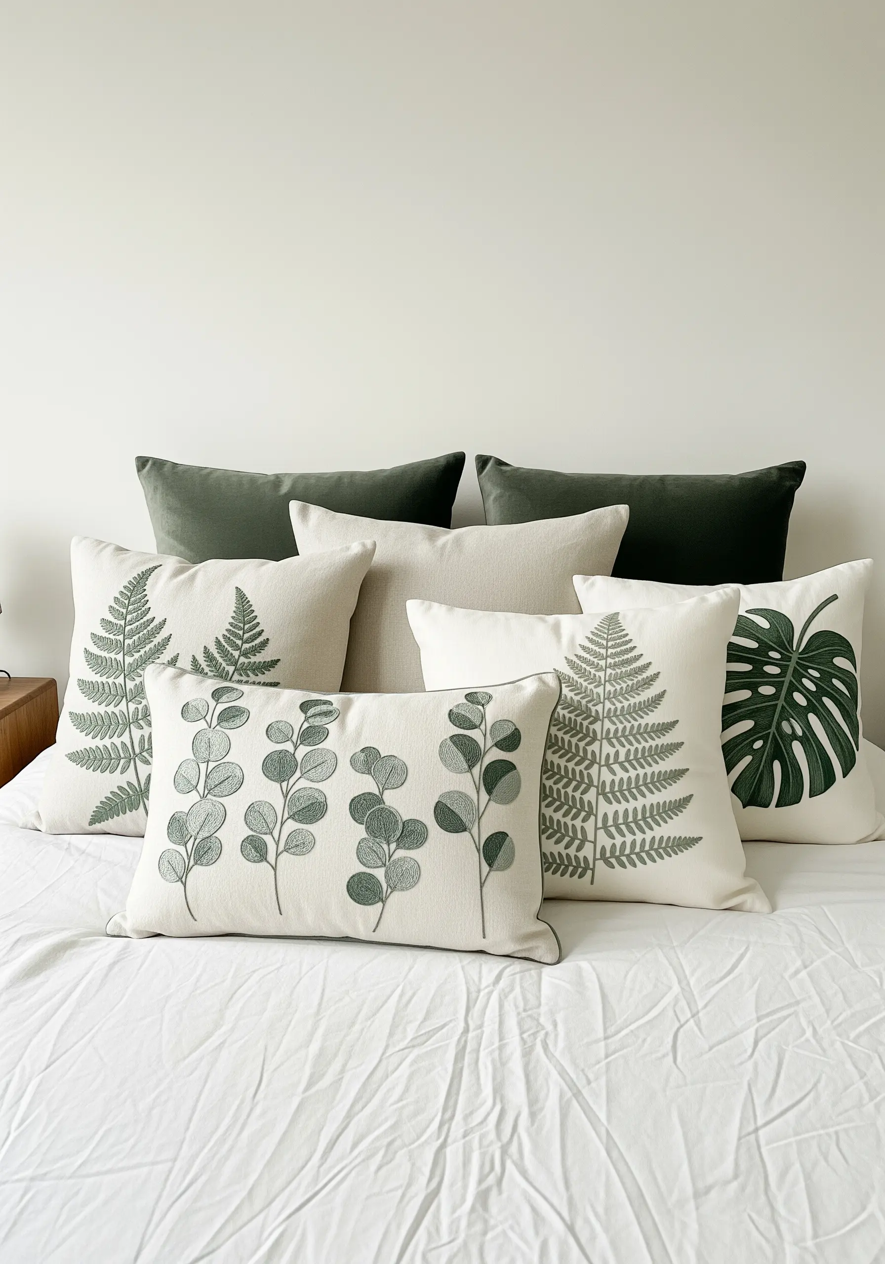 A collection of embroidered pillows with different green botanical leaf designs.