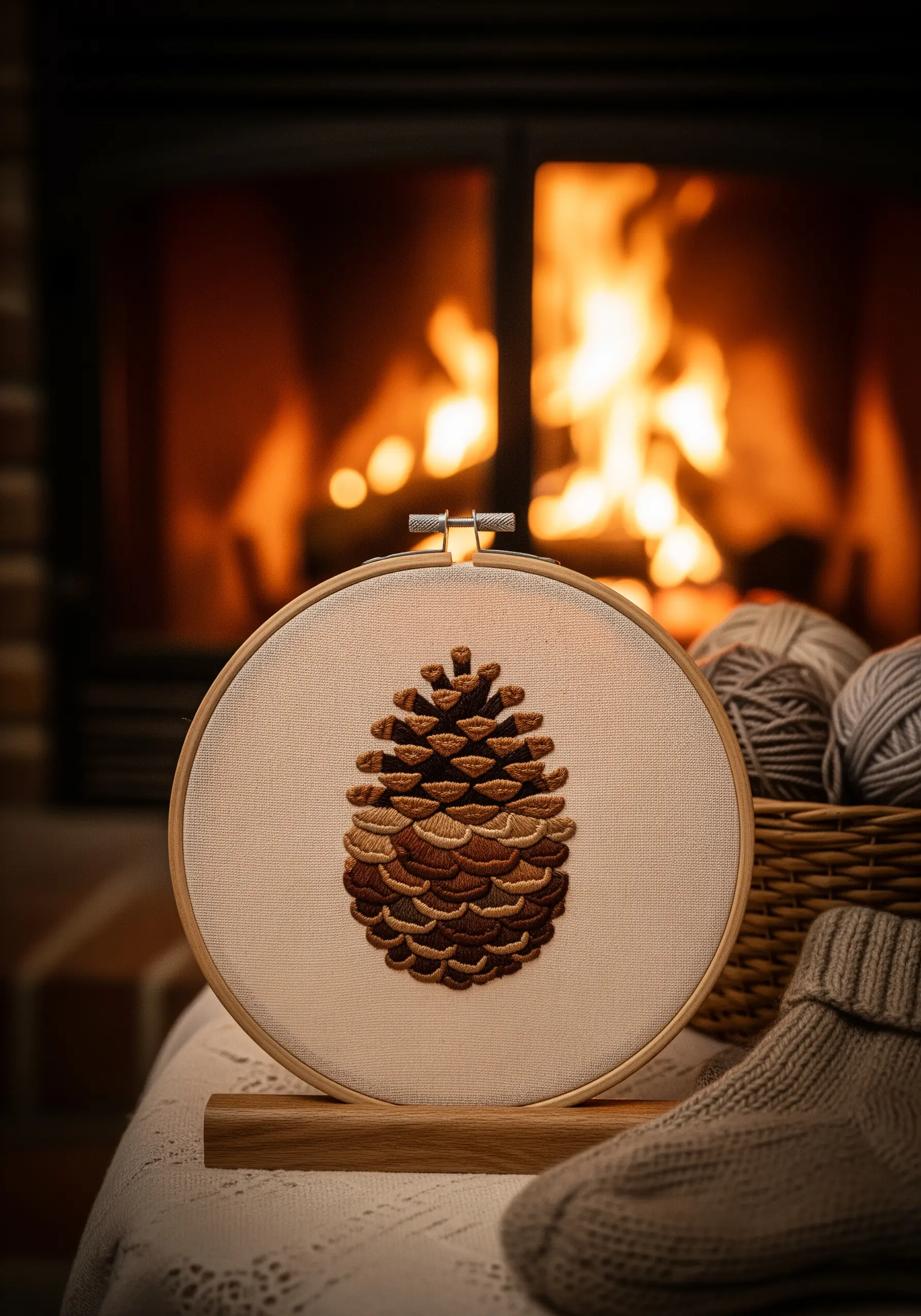Embroidered pinecone with layered fishbone stitches in multiple shades of brown.