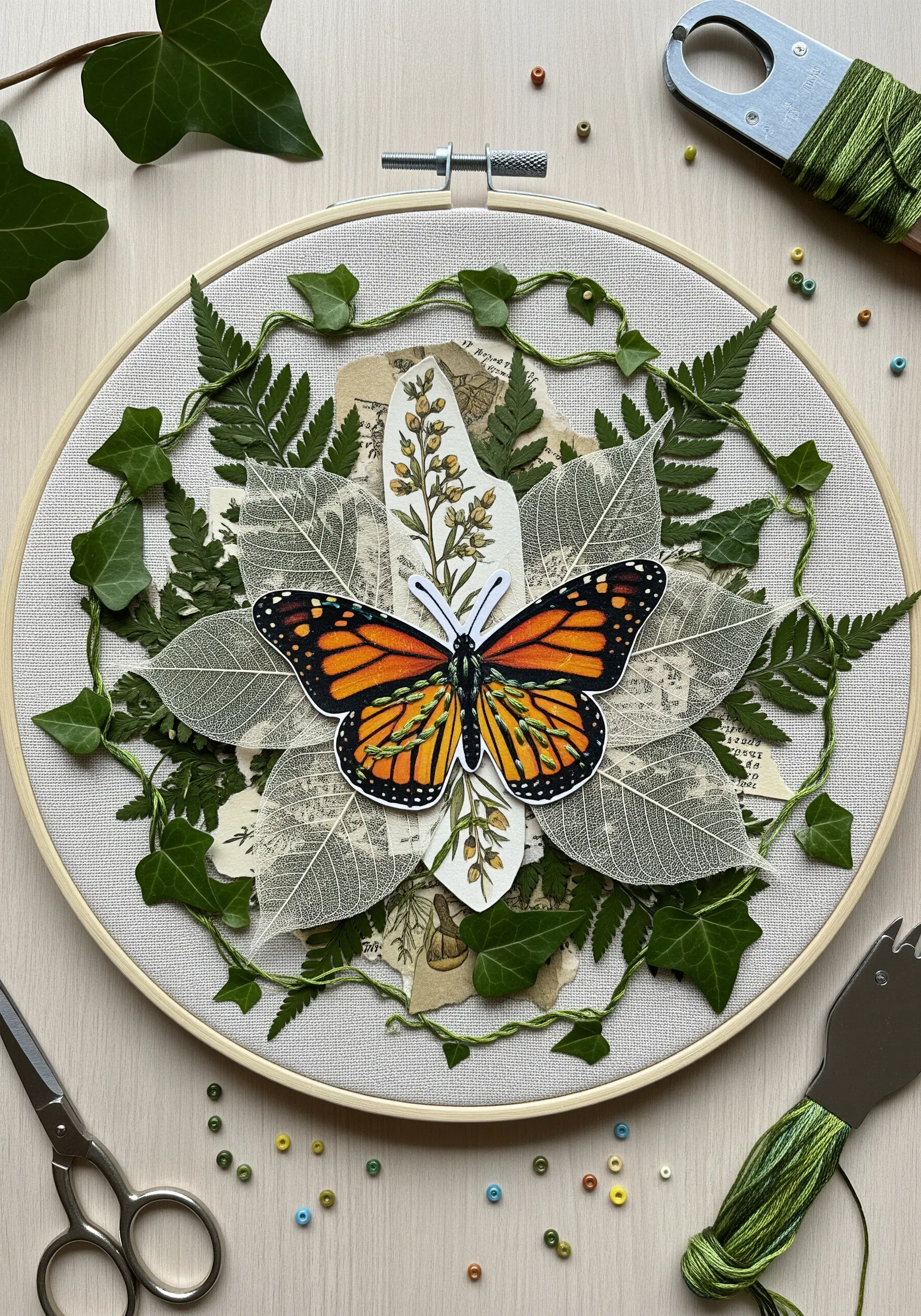 A hoop art collage with a paper butterfly, skeleton leaves, and real ivy stitched onto fabric.