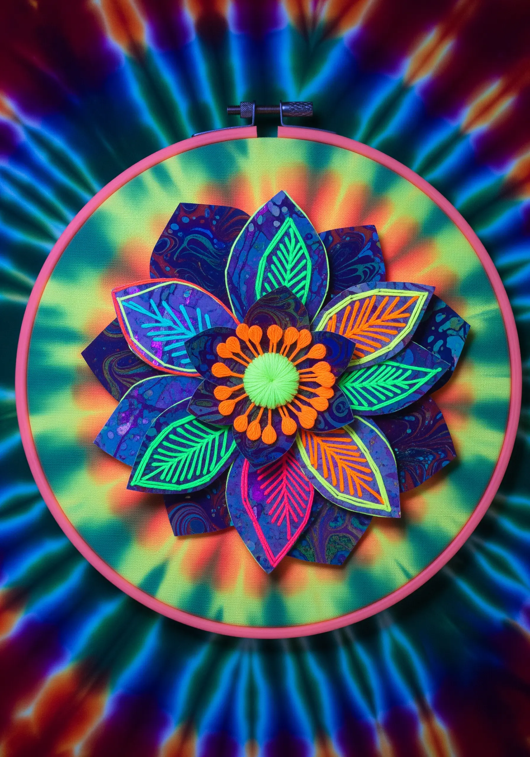 A 3D flower with patterned petals and neon thread details on a tie-dye background.