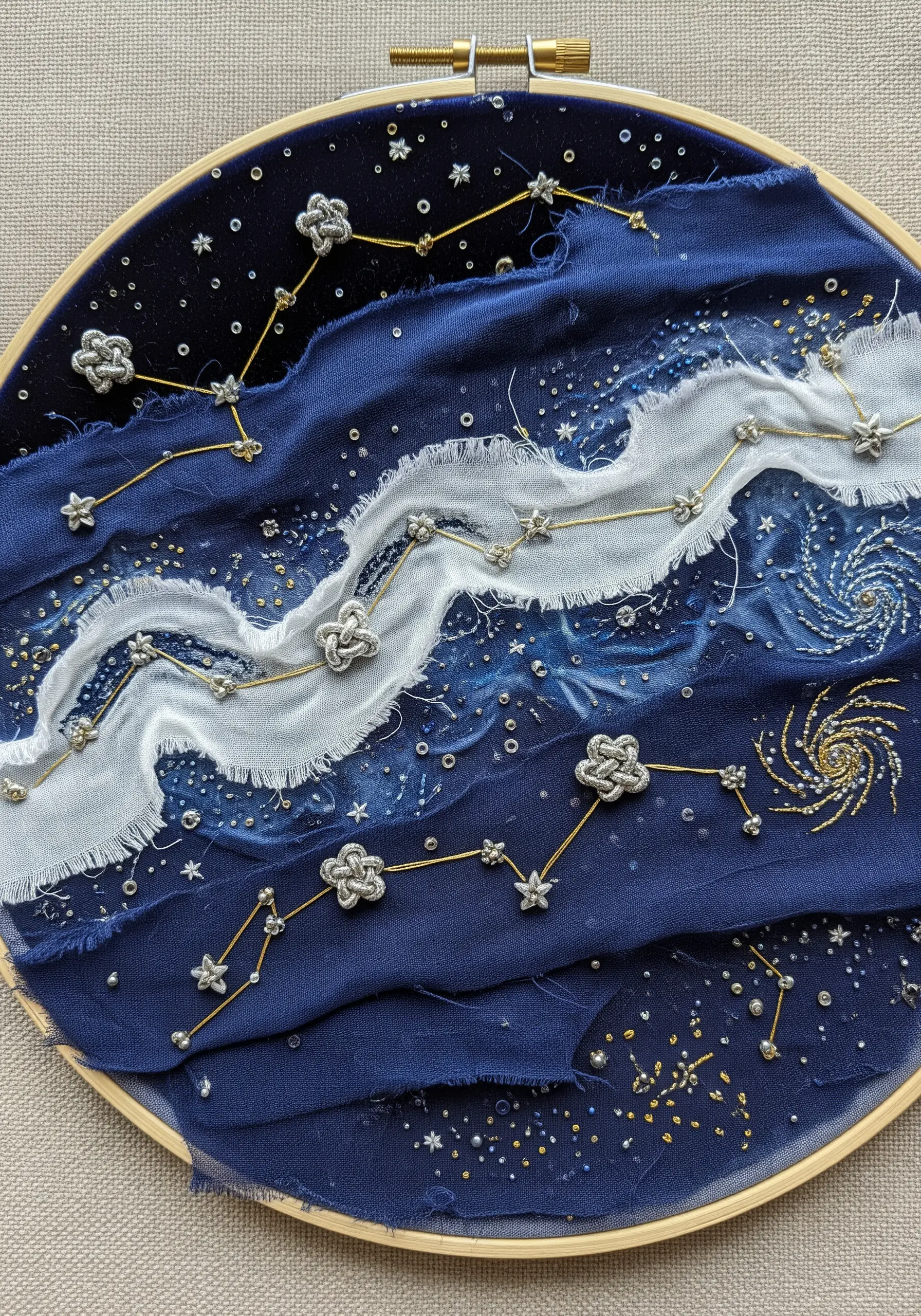 Celestial embroidery with layered blue fabrics, beads, and gold thread constellations.