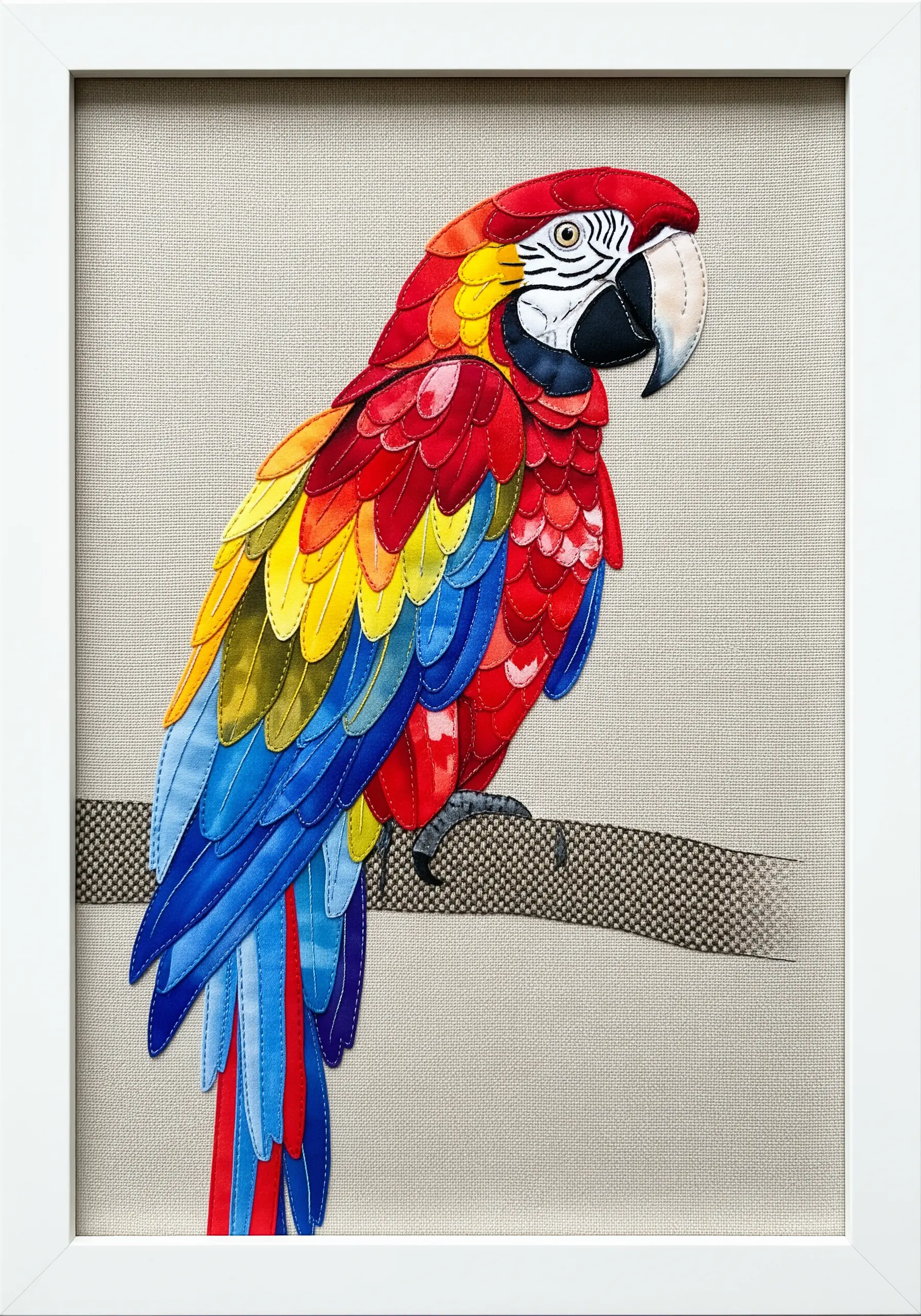 A colorful macaw parrot made from individually cut and layered pieces of satin fabric.