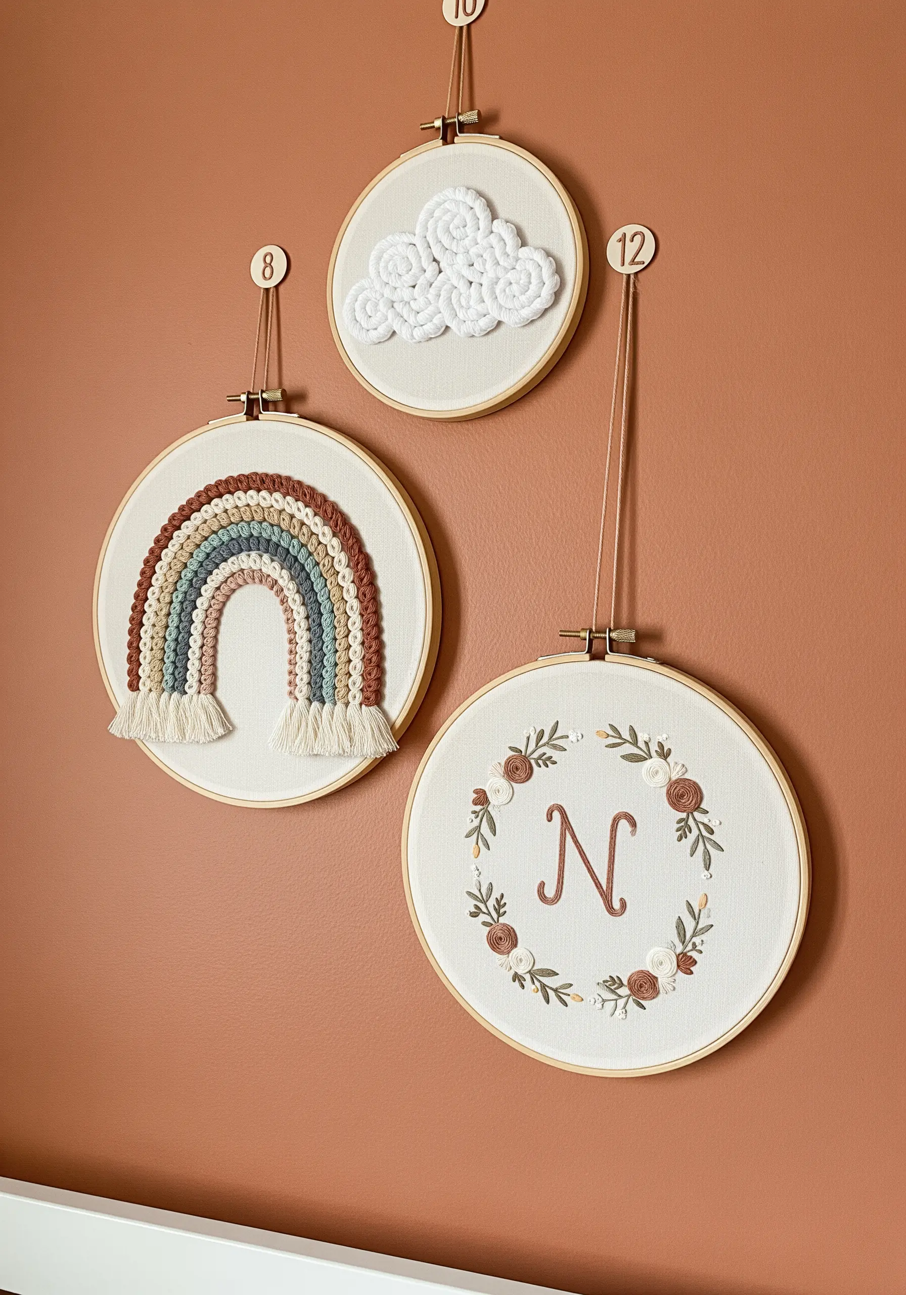 Three nursery-themed hoops with a macrame rainbow, a yarn cloud, and an embroidered monogram.