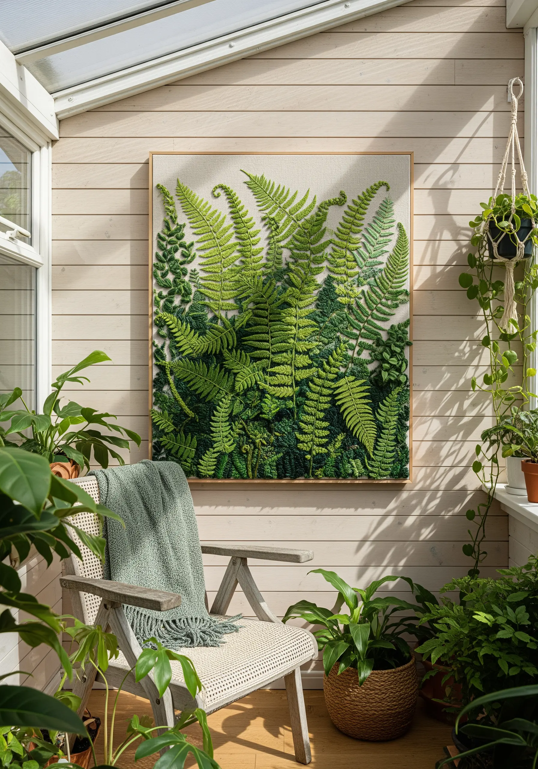A framed embroidery piece filled with dense, layered 3D green ferns