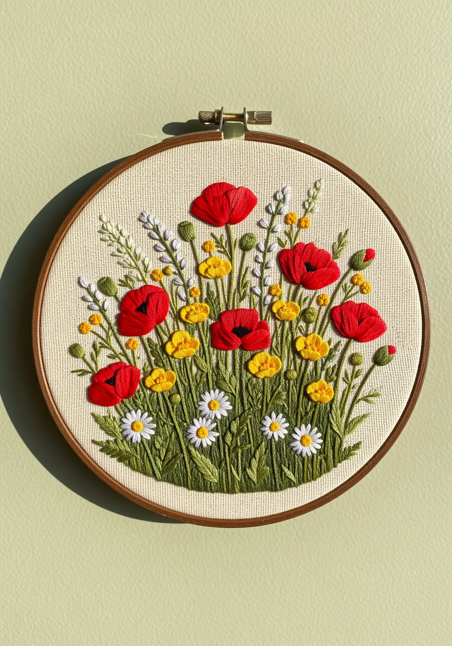Embroidery hoop with red poppies, yellow buttercups, and white daisies creating a dense field.