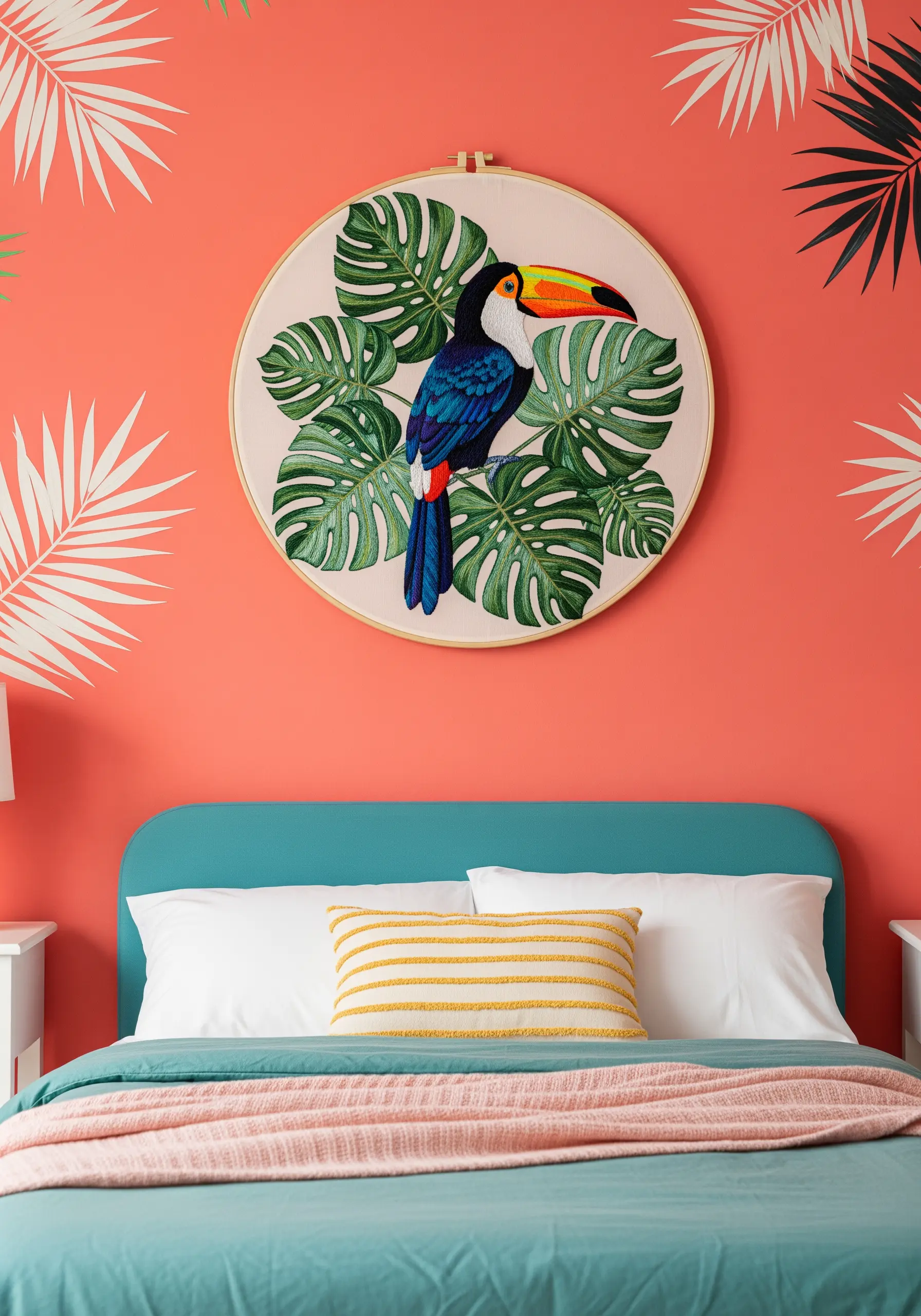 A vibrant embroidered toucan perched among layered, deep green monstera leaves in a hoop.